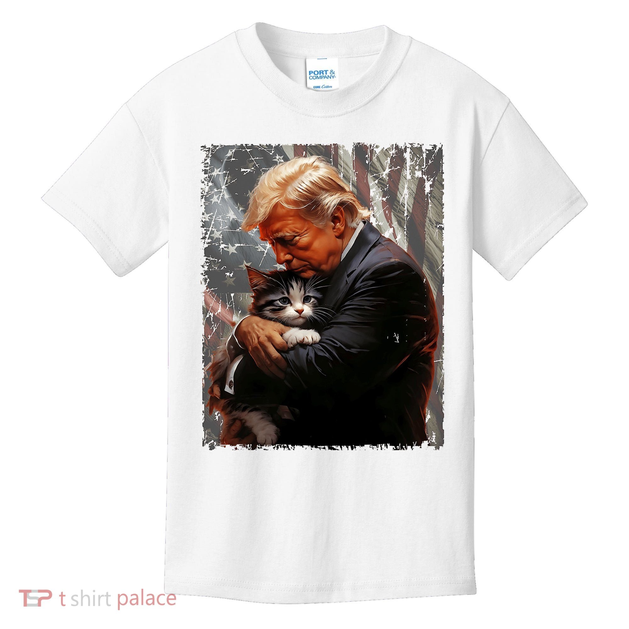 Trump Hugging An Orange Cat 2024 Make Cats Safe Again Kids T-Shirt