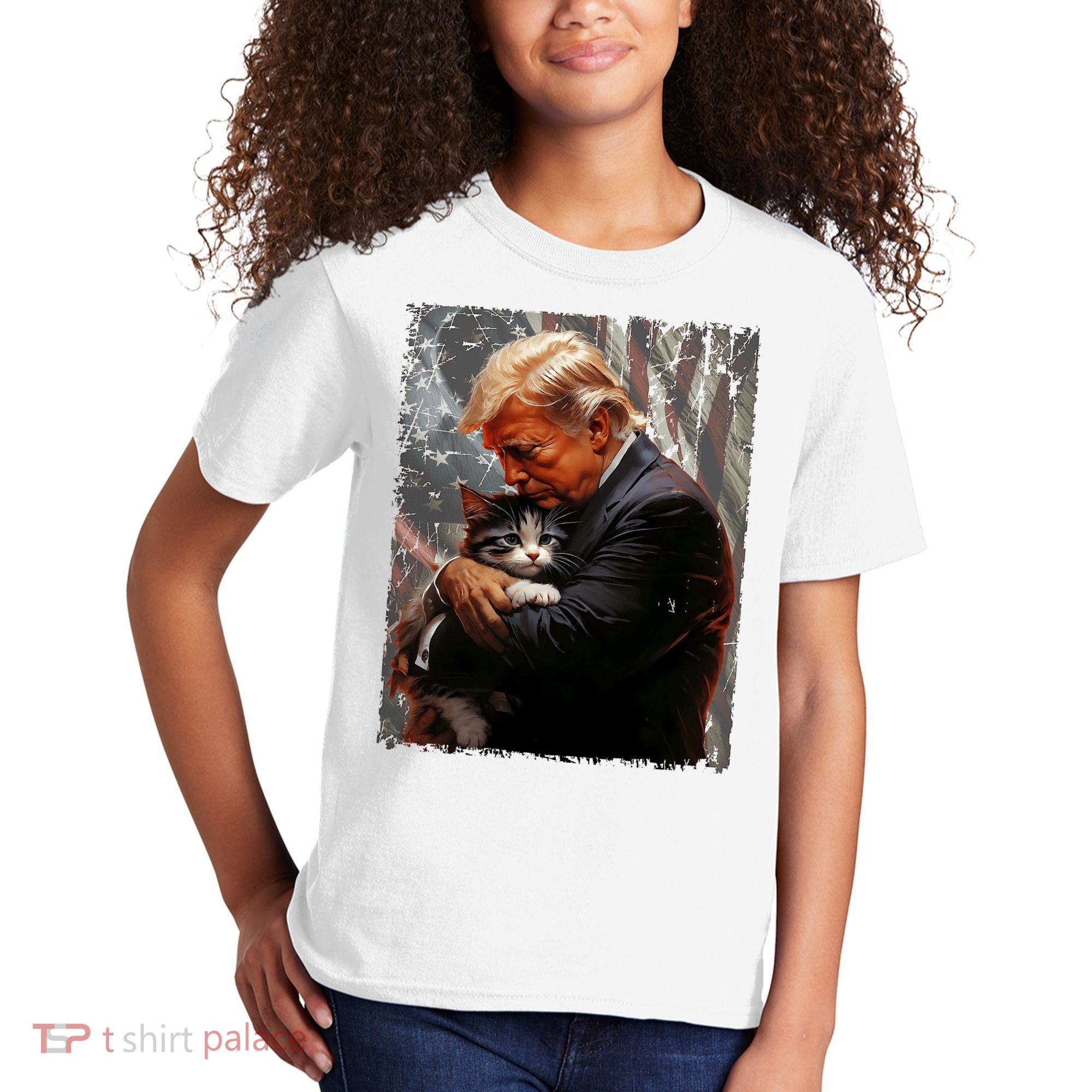 Trump Hugging An Orange Cat 2024 Make Cats Safe Again Kids T-Shirt