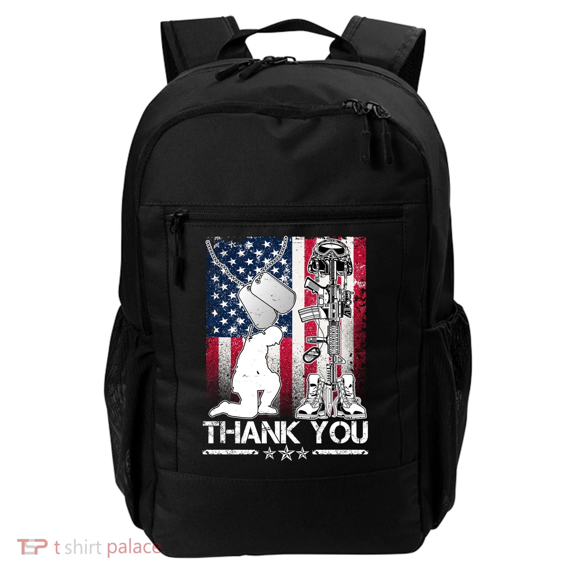 Thank You Memorial Day Distressed Flag Kneeling Soldier Backpack