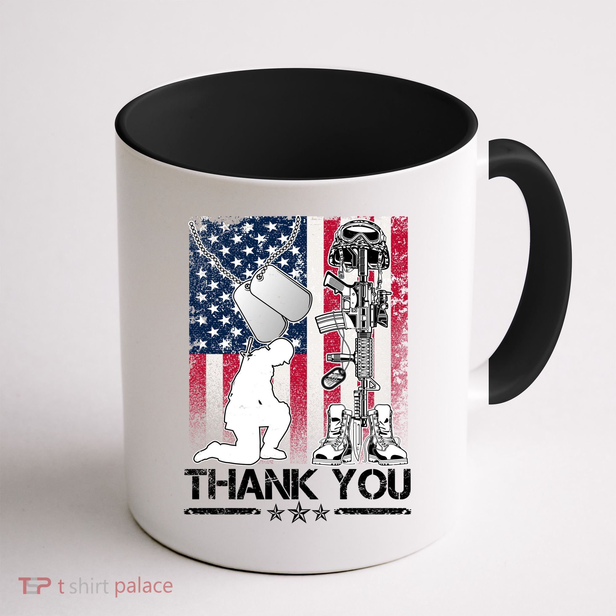 Thank You Memorial Day Distressed Flag Kneeling Soldier Coffee Mug