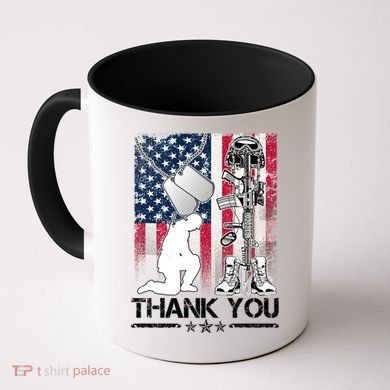 Thank You Memorial Day Distressed Flag Kneeling Soldier Coffee Mug