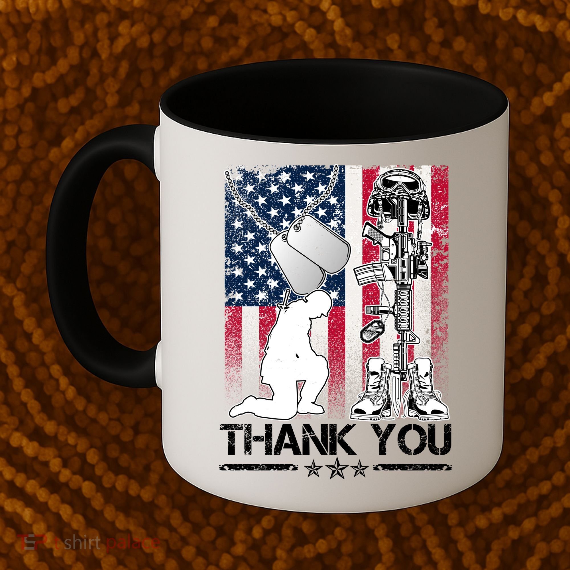 Thank You Memorial Day Distressed Flag Kneeling Soldier Coffee Mug