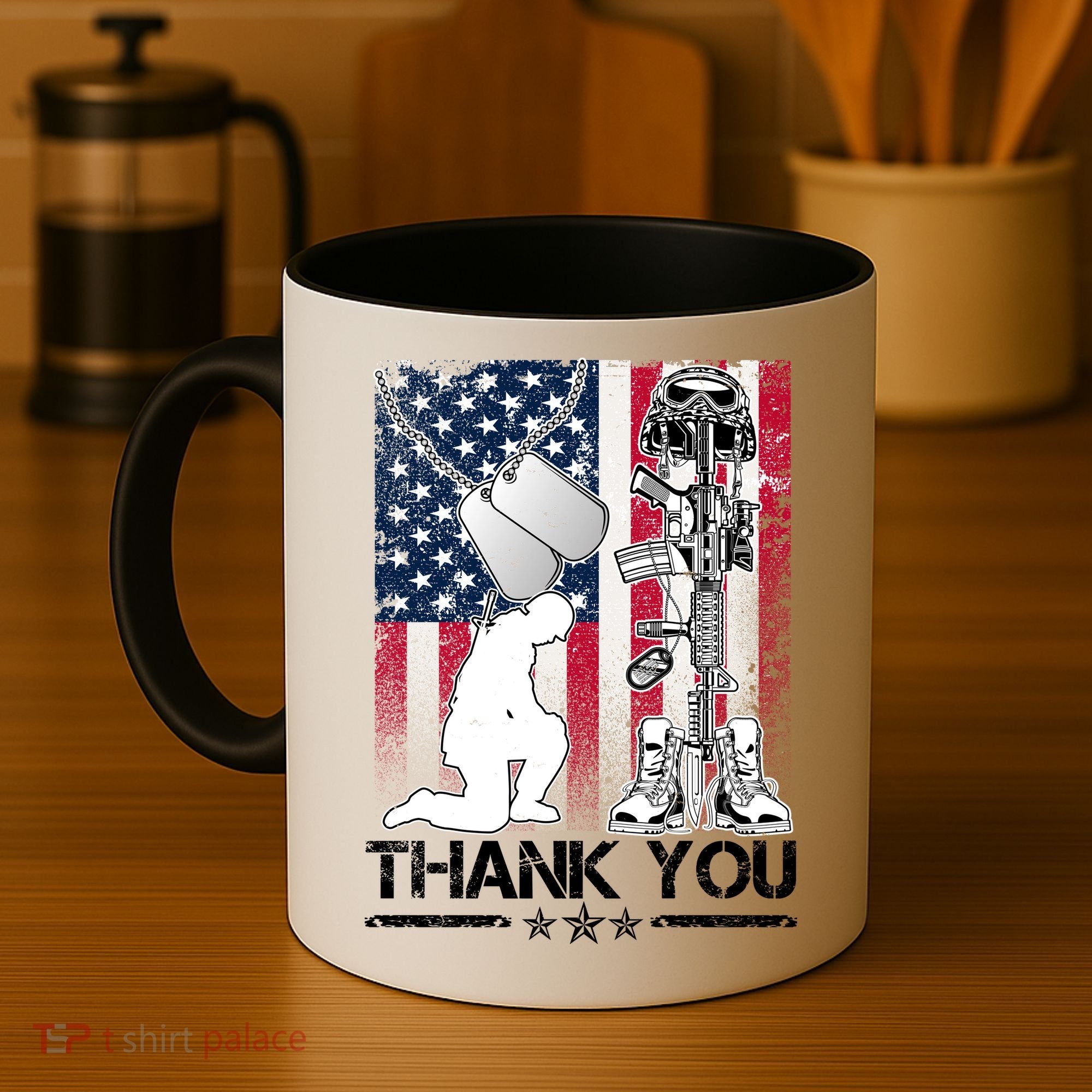 Thank You Memorial Day Distressed Flag Kneeling Soldier Coffee Mug
