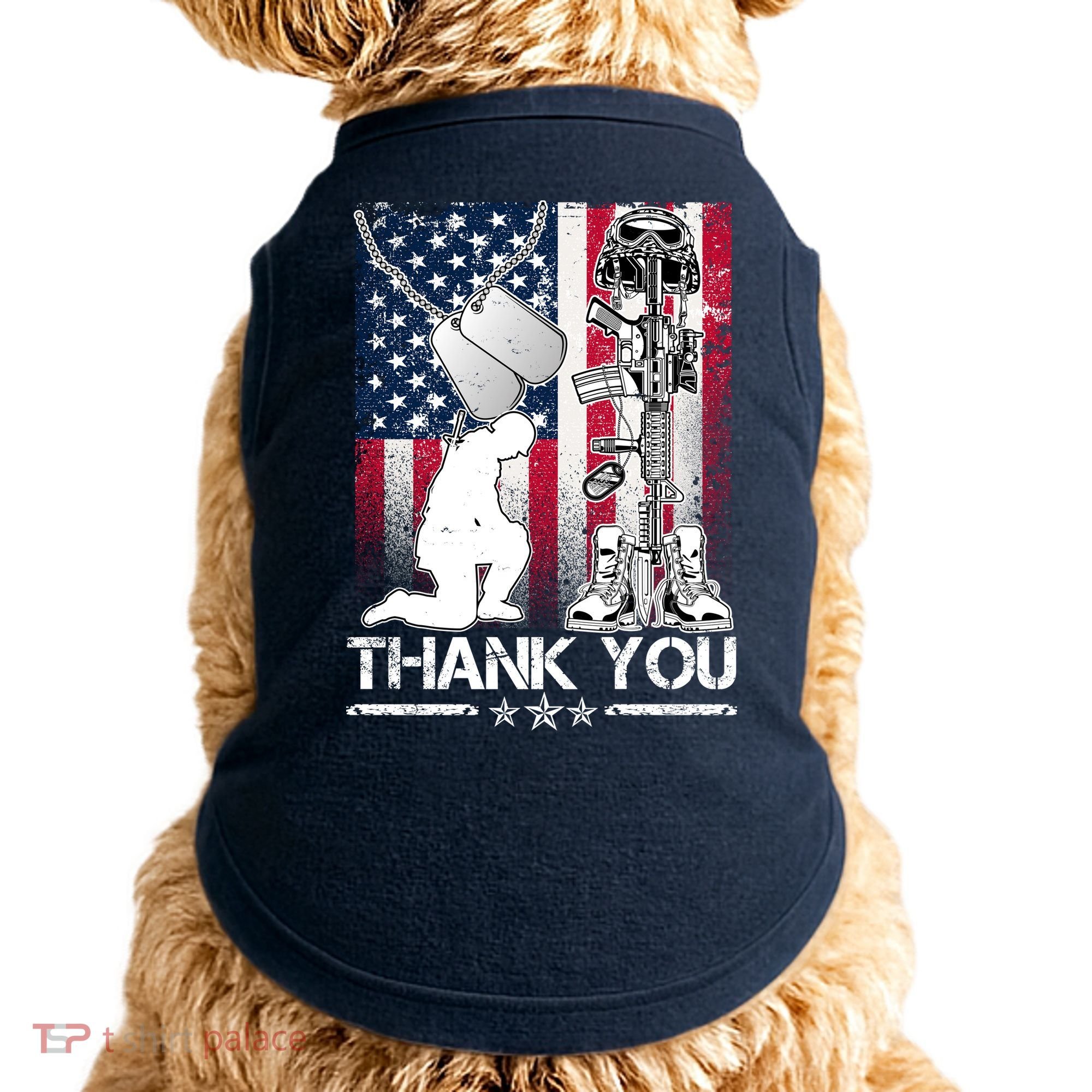 Thank You Memorial Day Distressed Flag Kneeling Soldier Doggie Tank