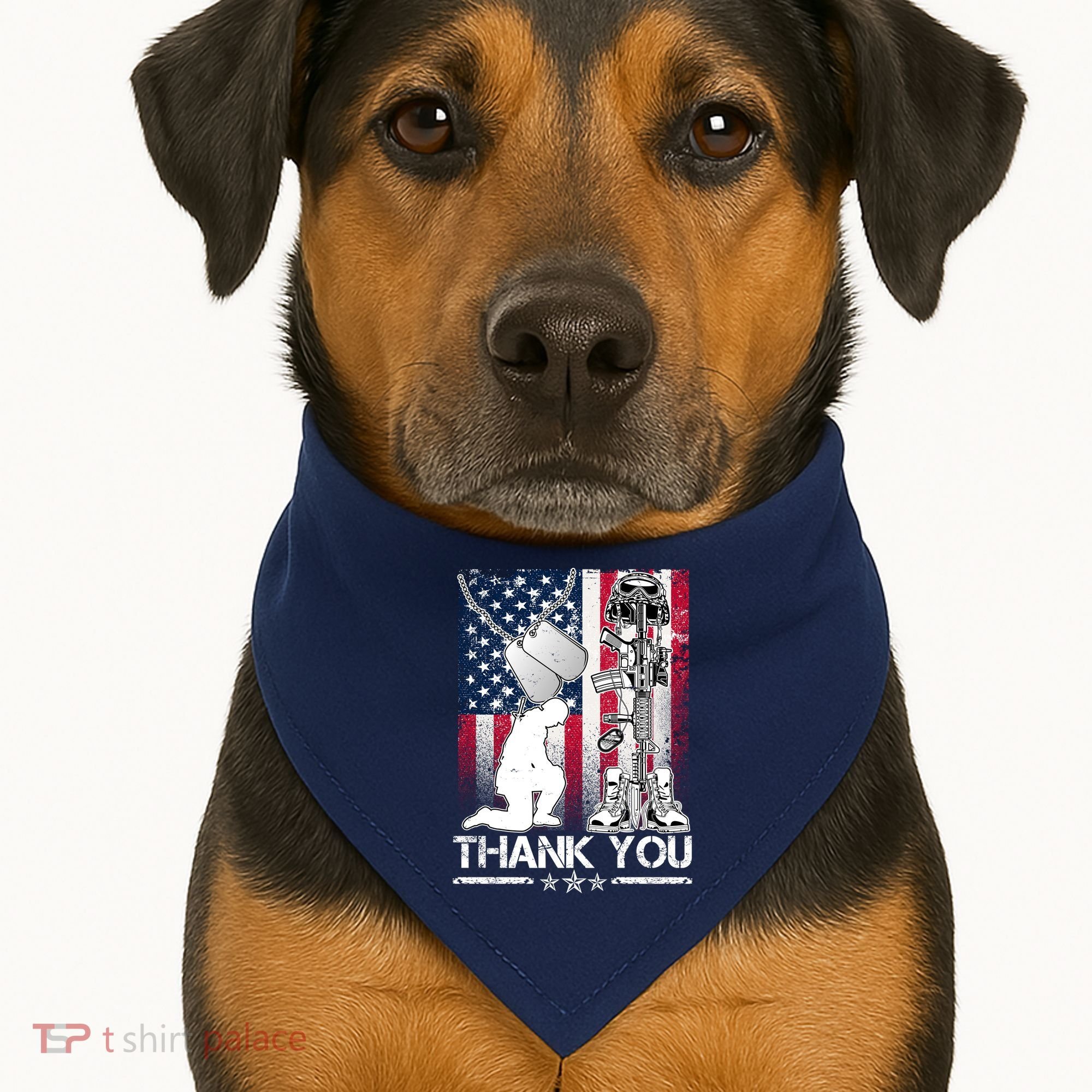 Thank You Memorial Day Distressed Flag Kneeling Soldier USA-Made Doggie Bandana