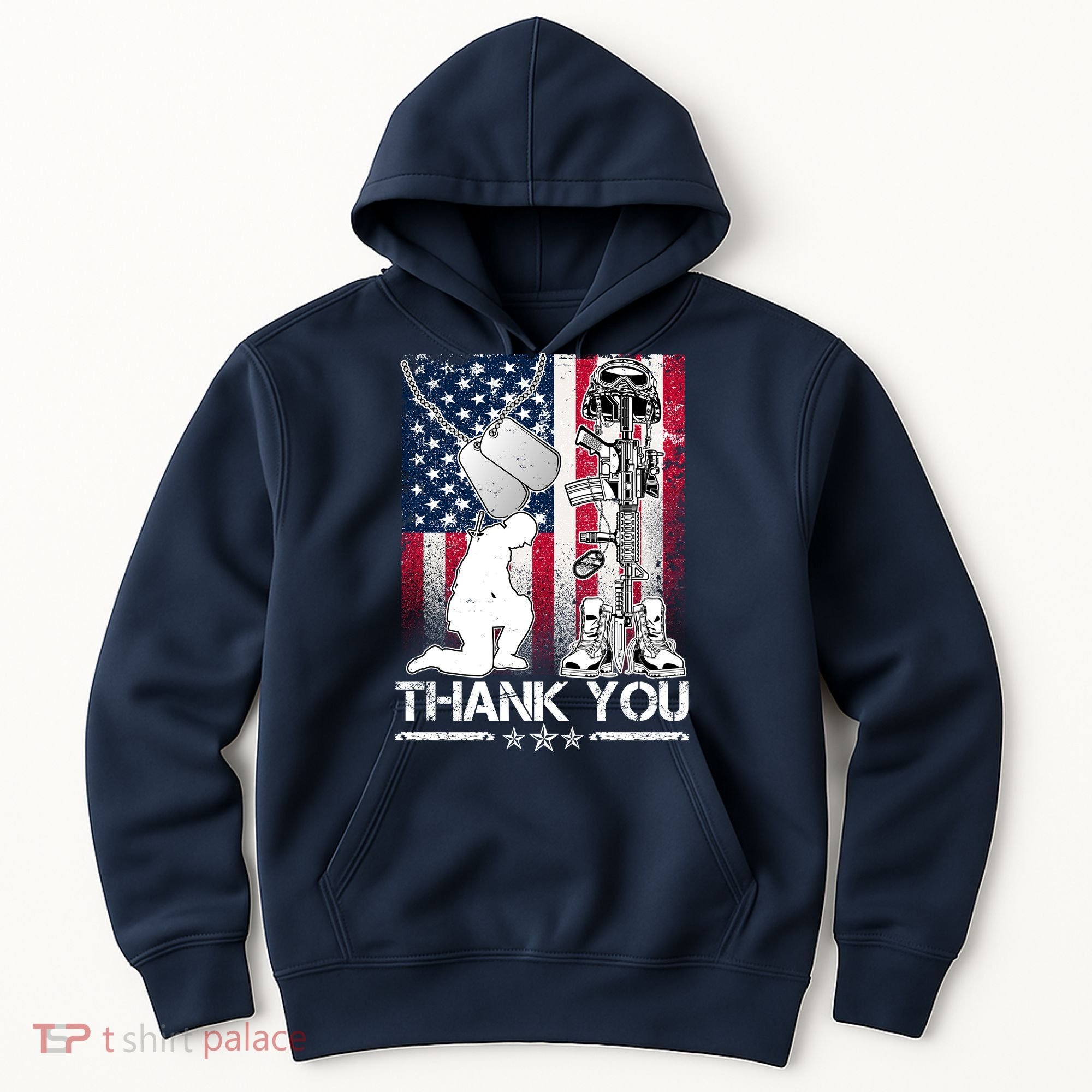 Thank You Memorial Day Distressed Flag Kneeling Soldier Hoodie