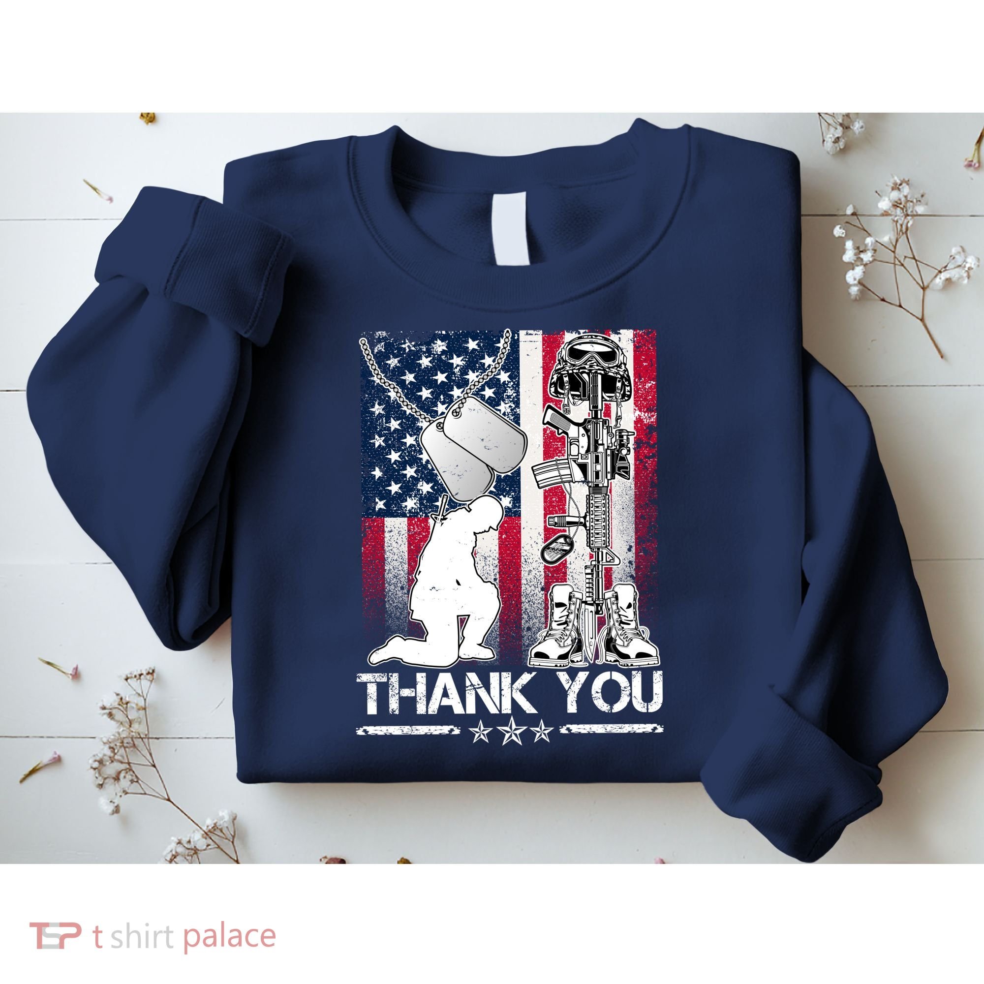 Thank You Memorial Day Distressed Flag Kneeling Soldier Sweatshirt