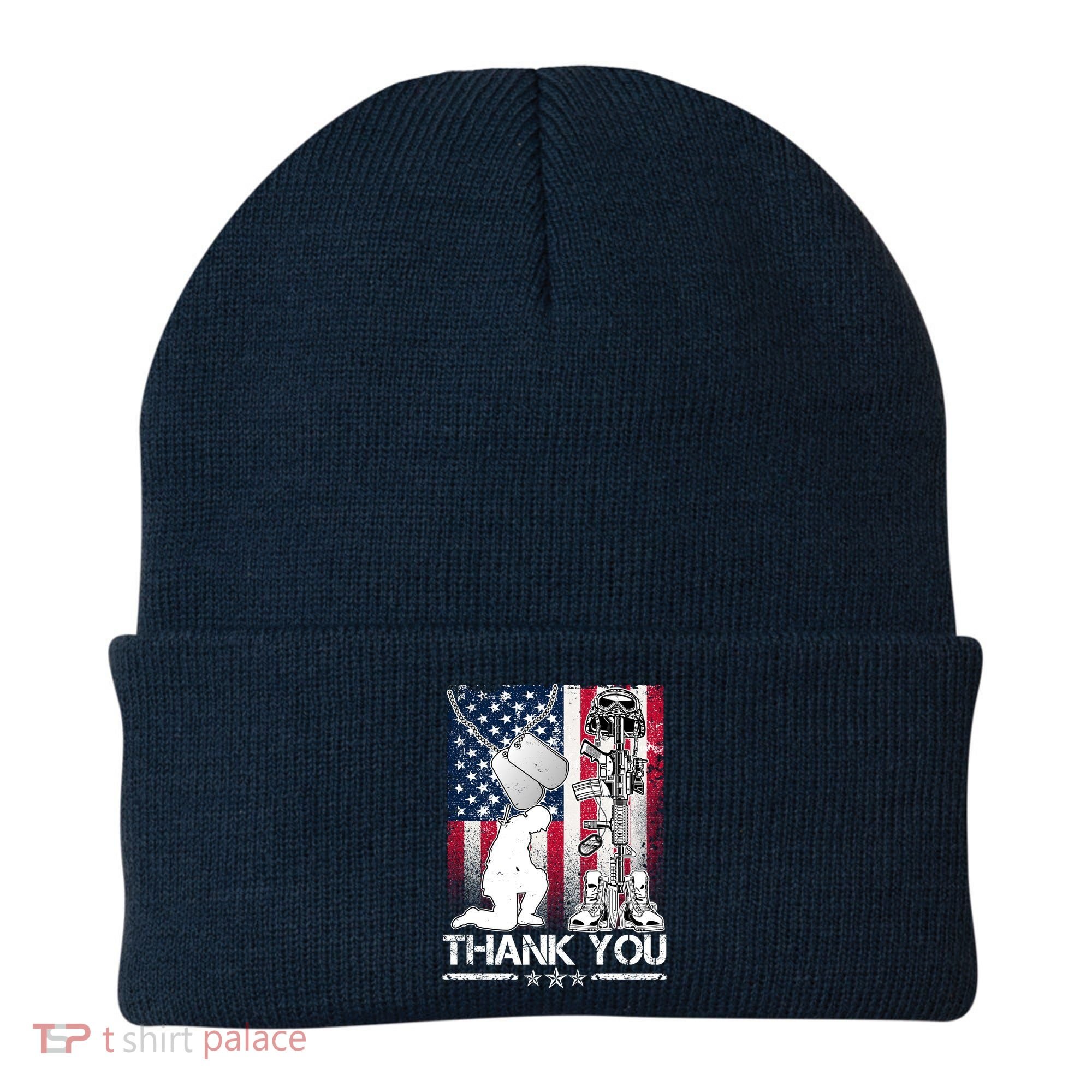 Thank You Memorial Day Distressed Flag Kneeling Soldier Beanie