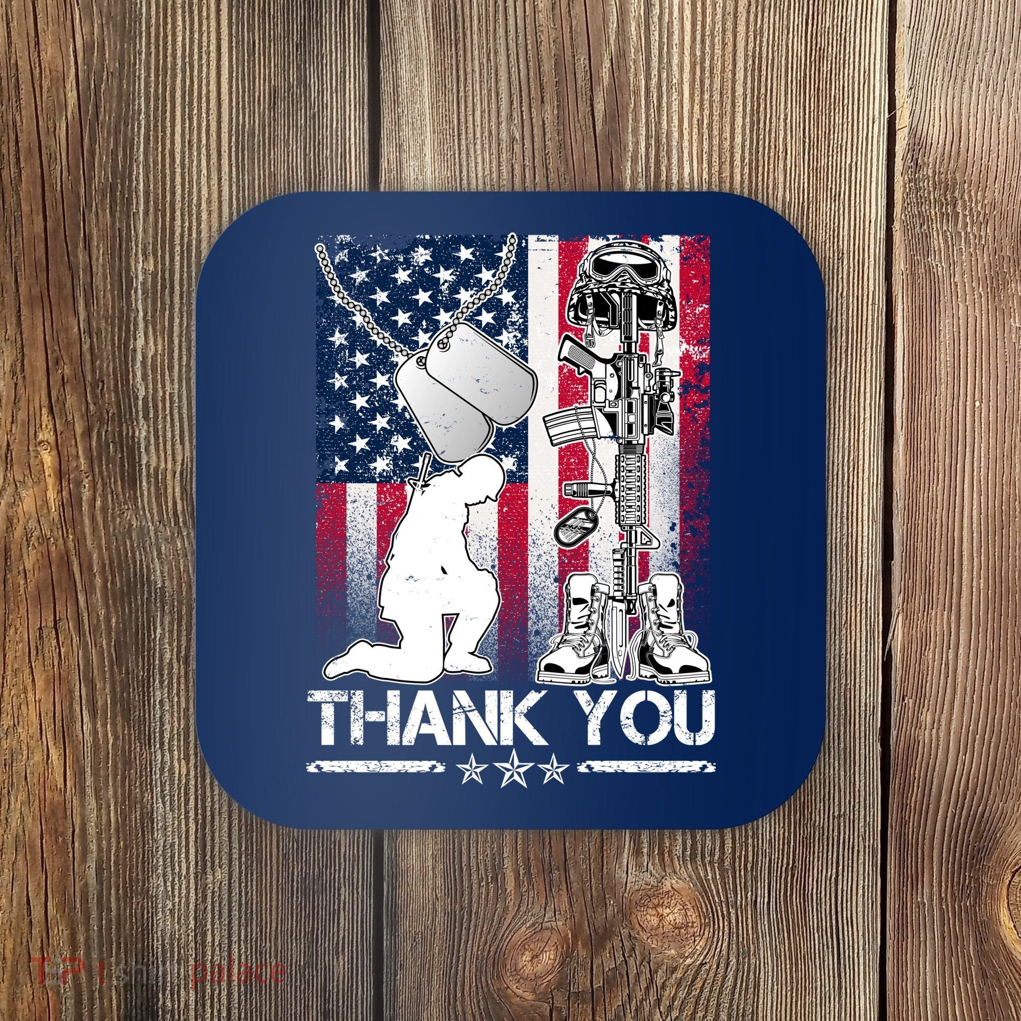 Thank You Memorial Day Distressed Flag Kneeling Soldier Coaster