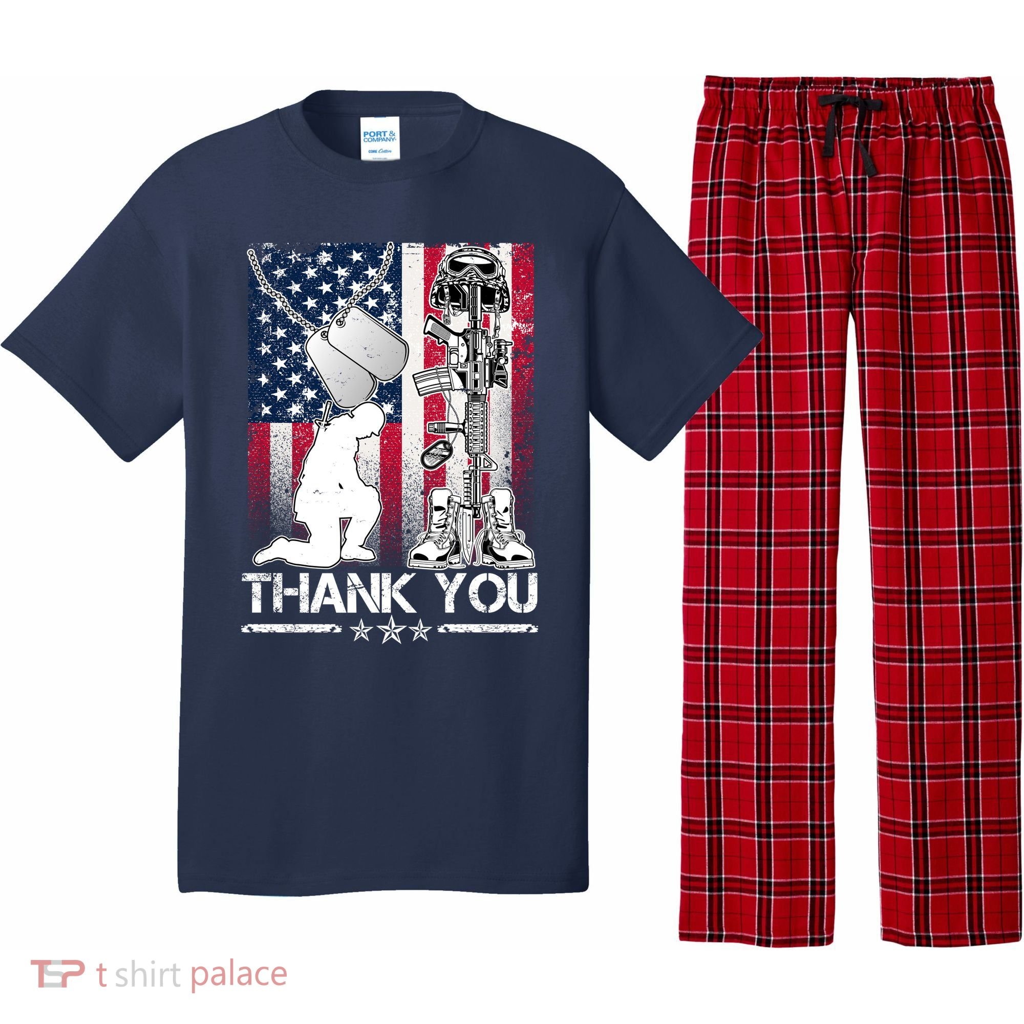 Thank You Memorial Day Distressed Flag Kneeling Soldier Pajama Set