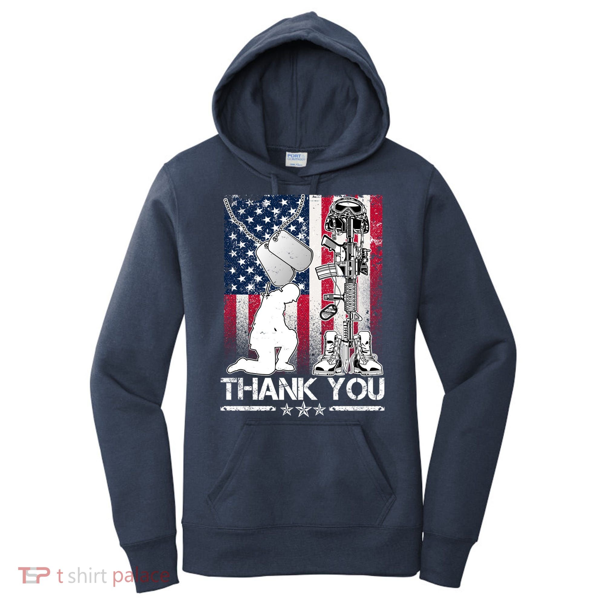Thank You Memorial Day Distressed Flag Kneeling Soldier Women's Hoodie