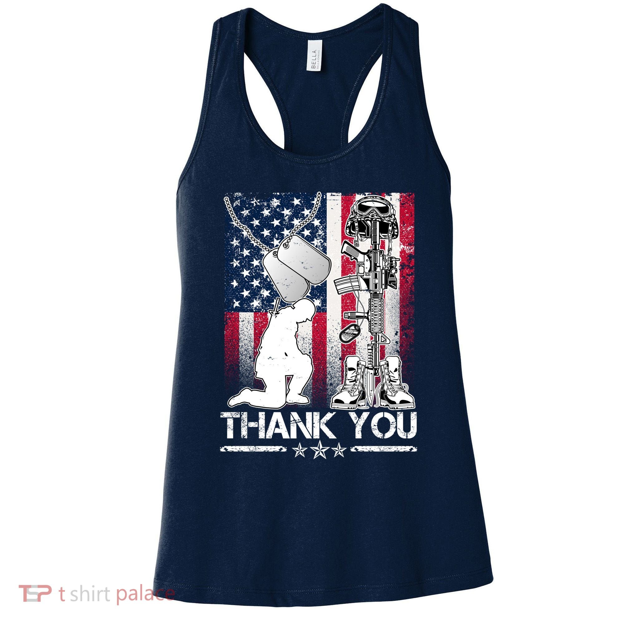 Thank You Memorial Day Distressed Flag Kneeling Soldier Women's Tank Top