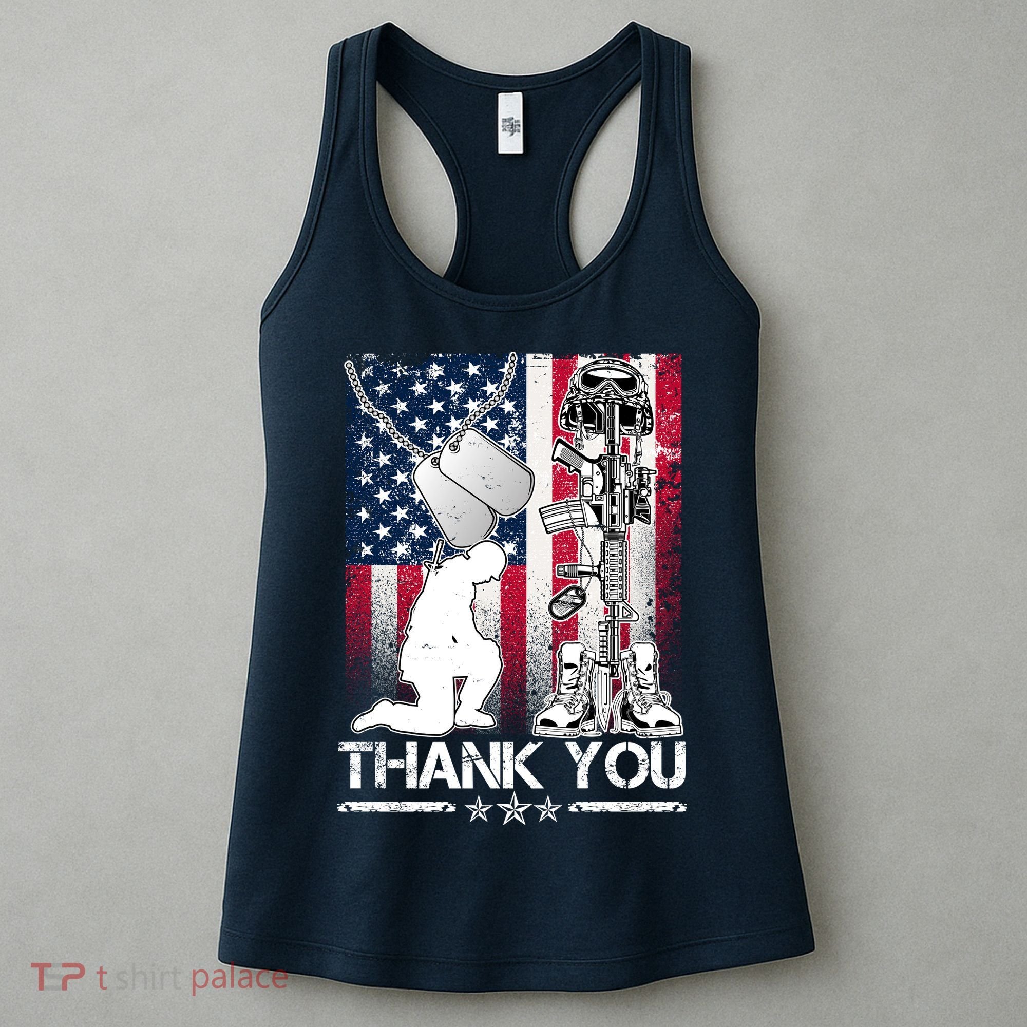 Thank You Memorial Day Distressed Flag Kneeling Soldier Women's Tank Top