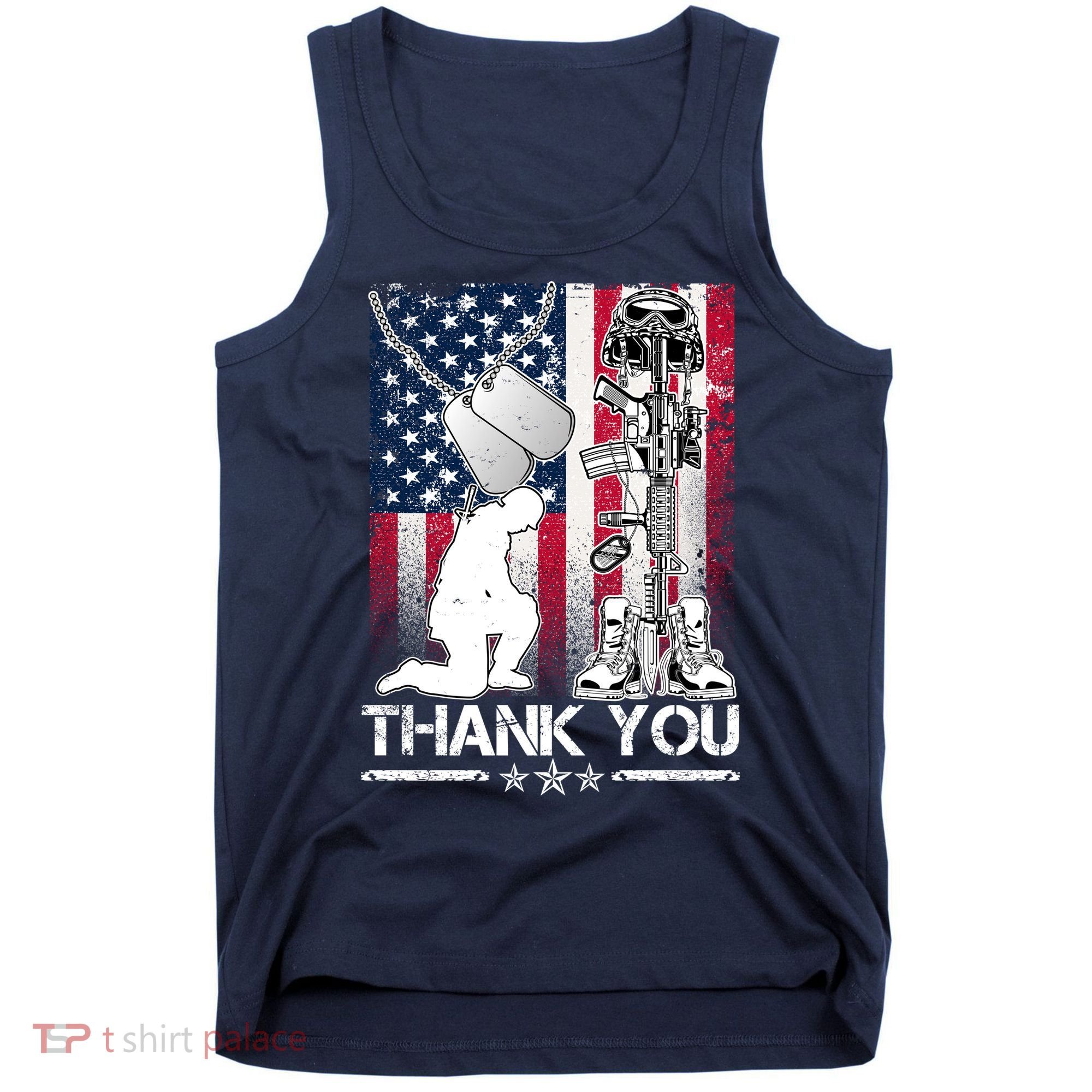 Thank You Memorial Day Distressed Flag Kneeling Soldier Tank Top