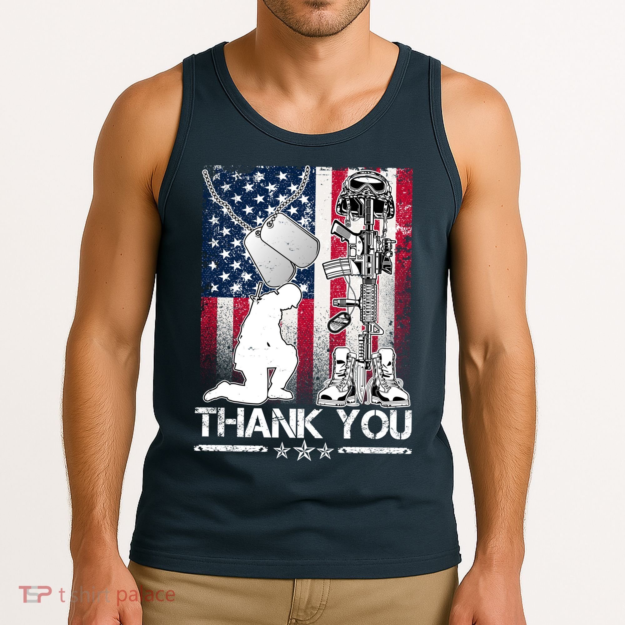 Thank You Memorial Day Distressed Flag Kneeling Soldier Tank Top