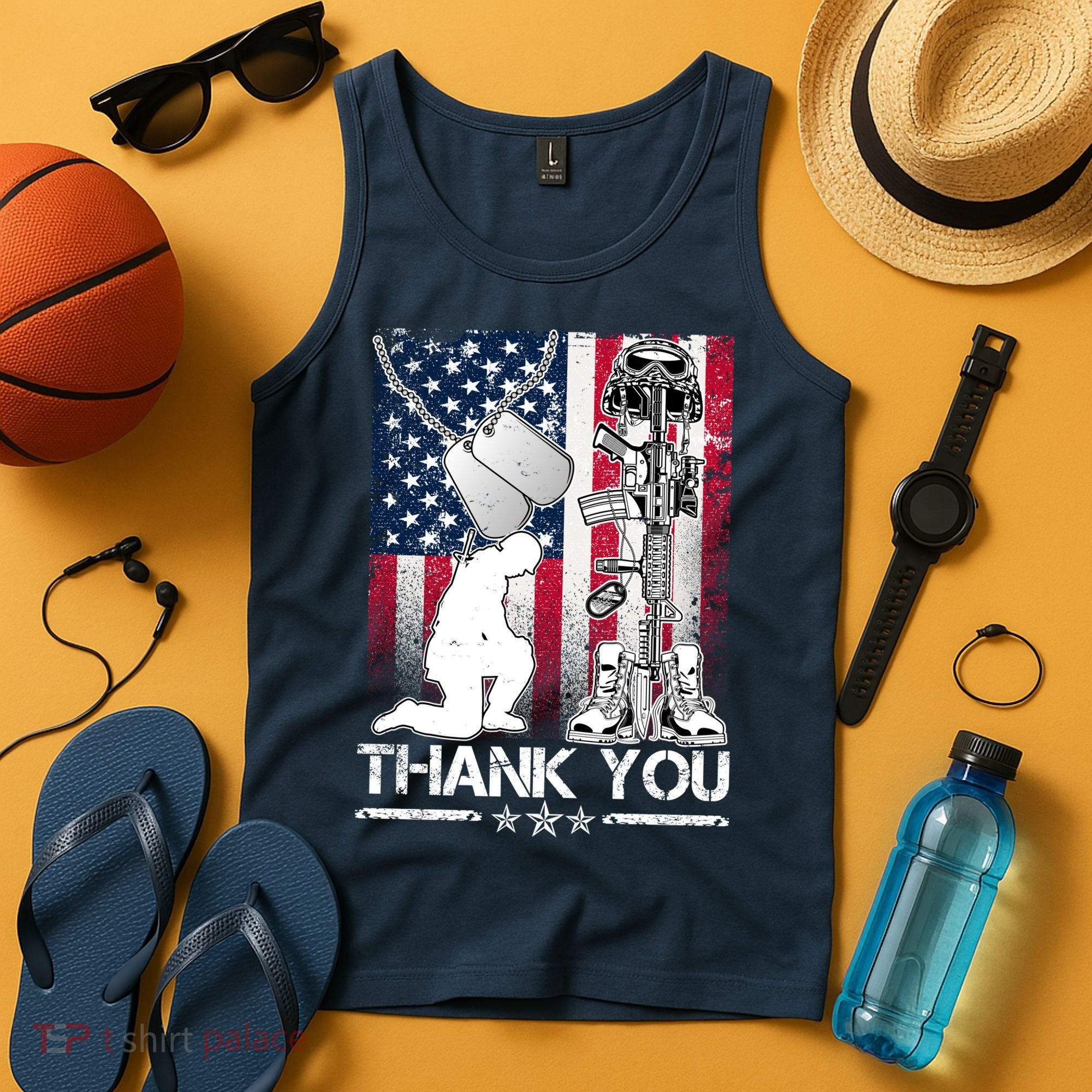 Thank You Memorial Day Distressed Flag Kneeling Soldier Tank Top