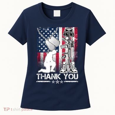 Thank You Memorial Day Distressed Flag Kneeling Soldier Women's T-Shirt