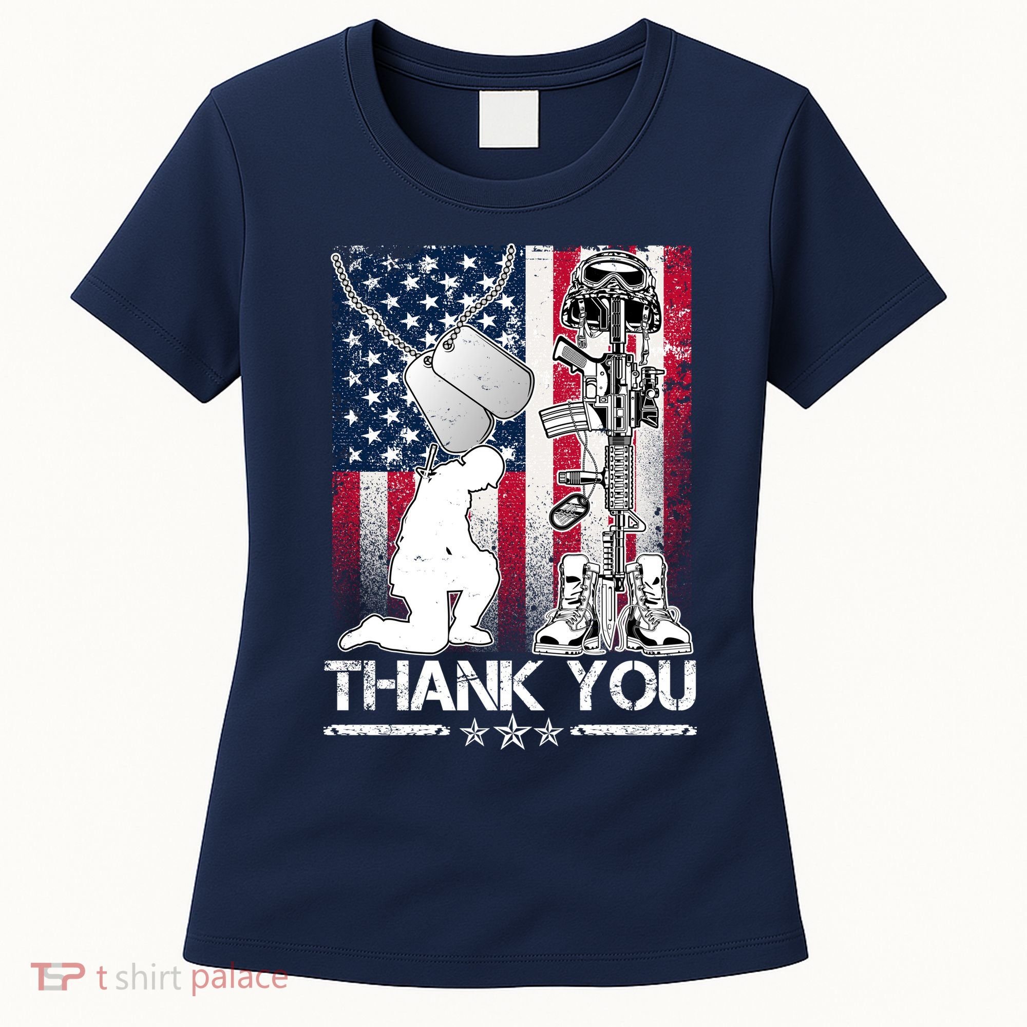 Thank You Memorial Day Distressed Flag Kneeling Soldier Women's T-Shirt