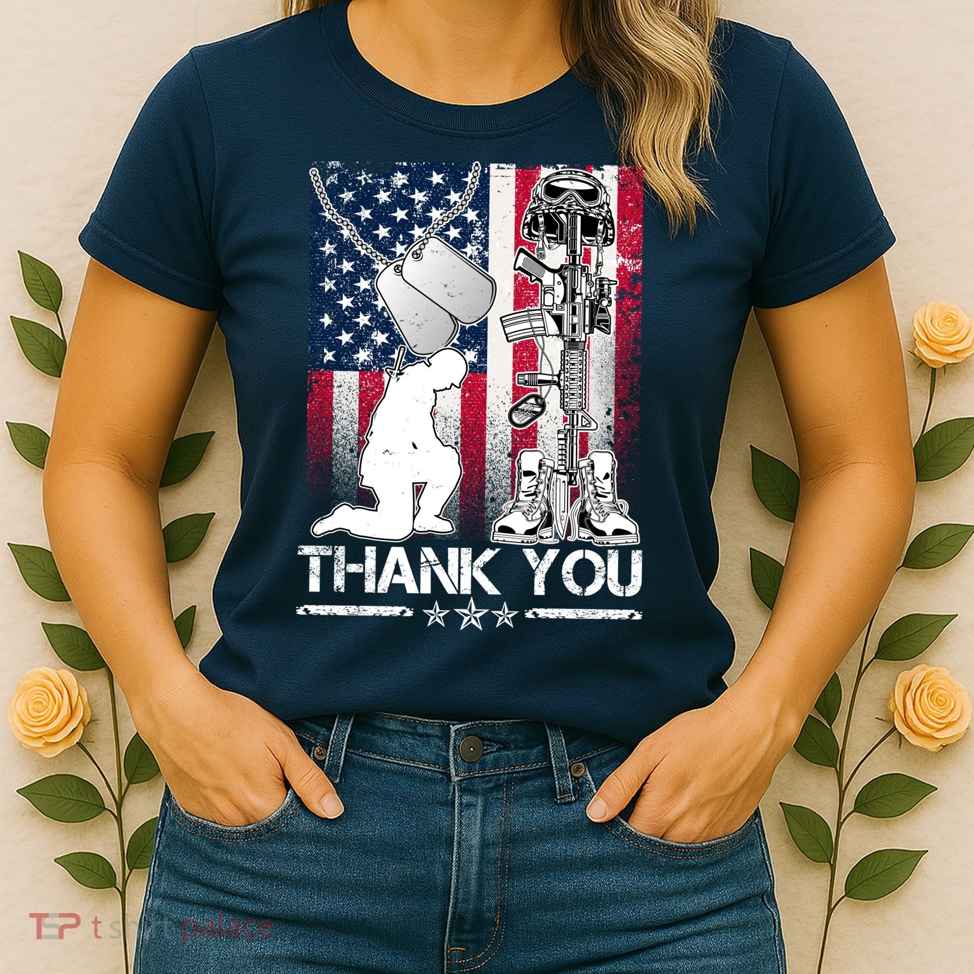 Thank You Memorial Day Distressed Flag Kneeling Soldier Women's T-Shirt