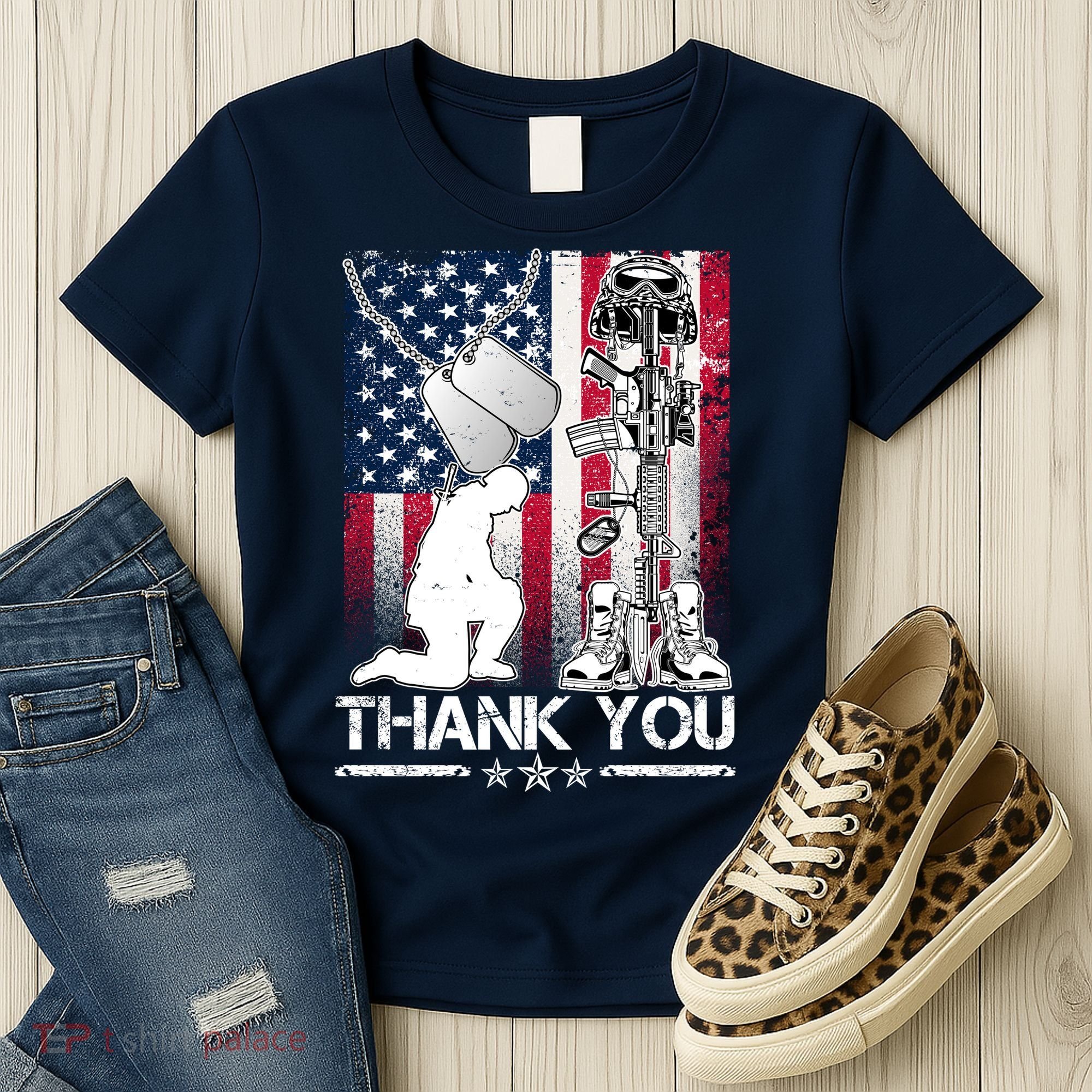 Thank You Memorial Day Distressed Flag Kneeling Soldier Women's T-Shirt