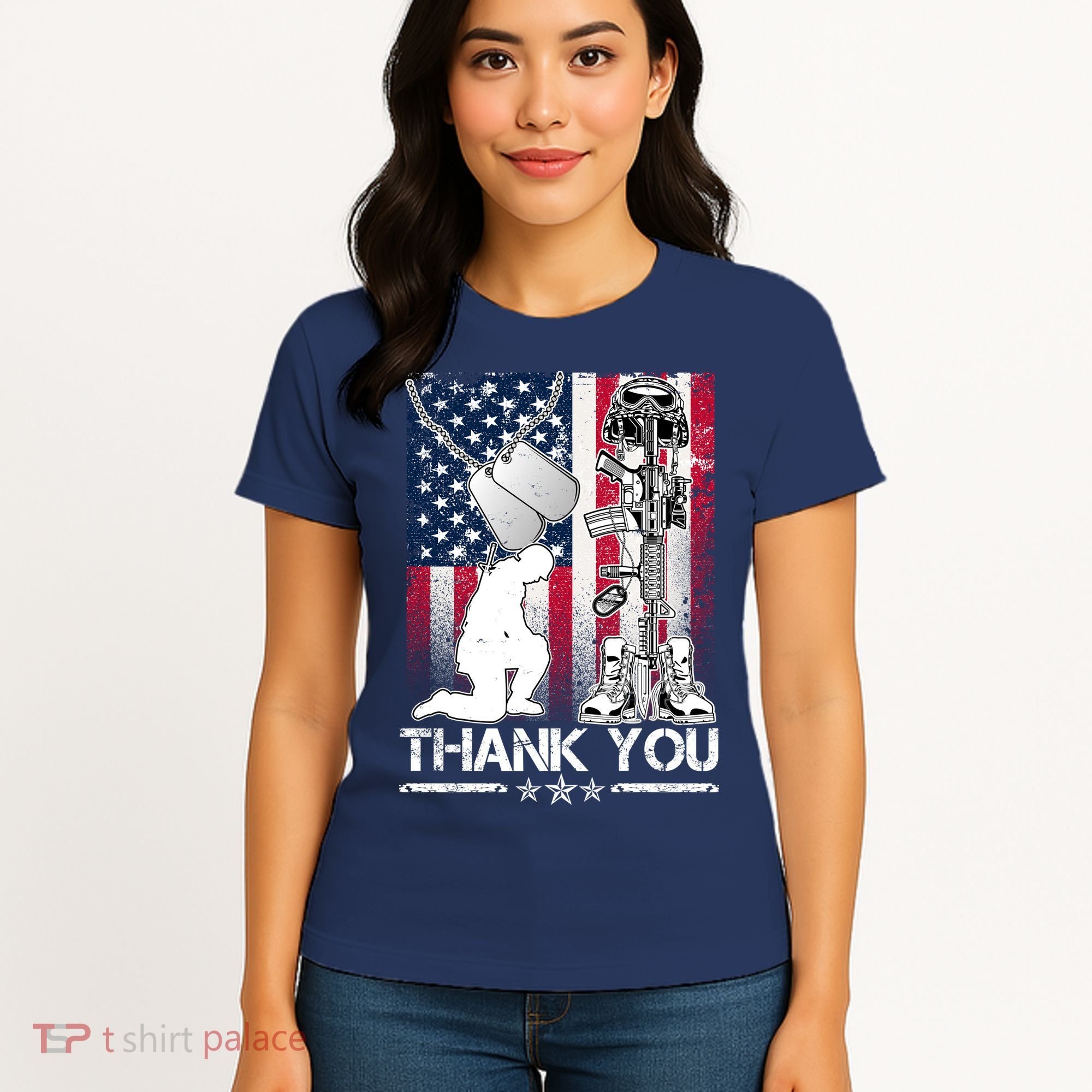Thank You Memorial Day Distressed Flag Kneeling Soldier Women's T-Shirt