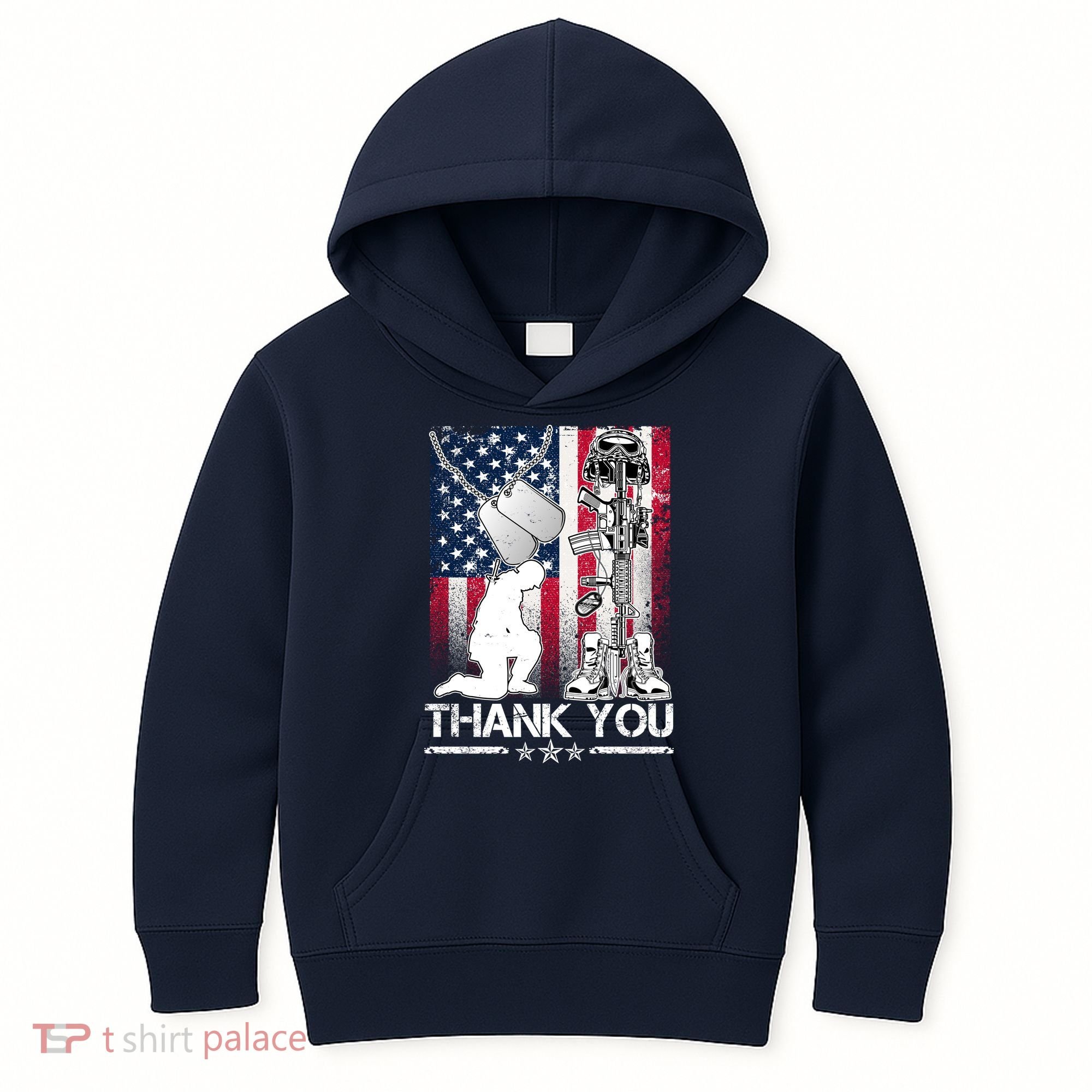 Thank You Memorial Day Distressed Flag Kneeling Soldier Kids Hoodie