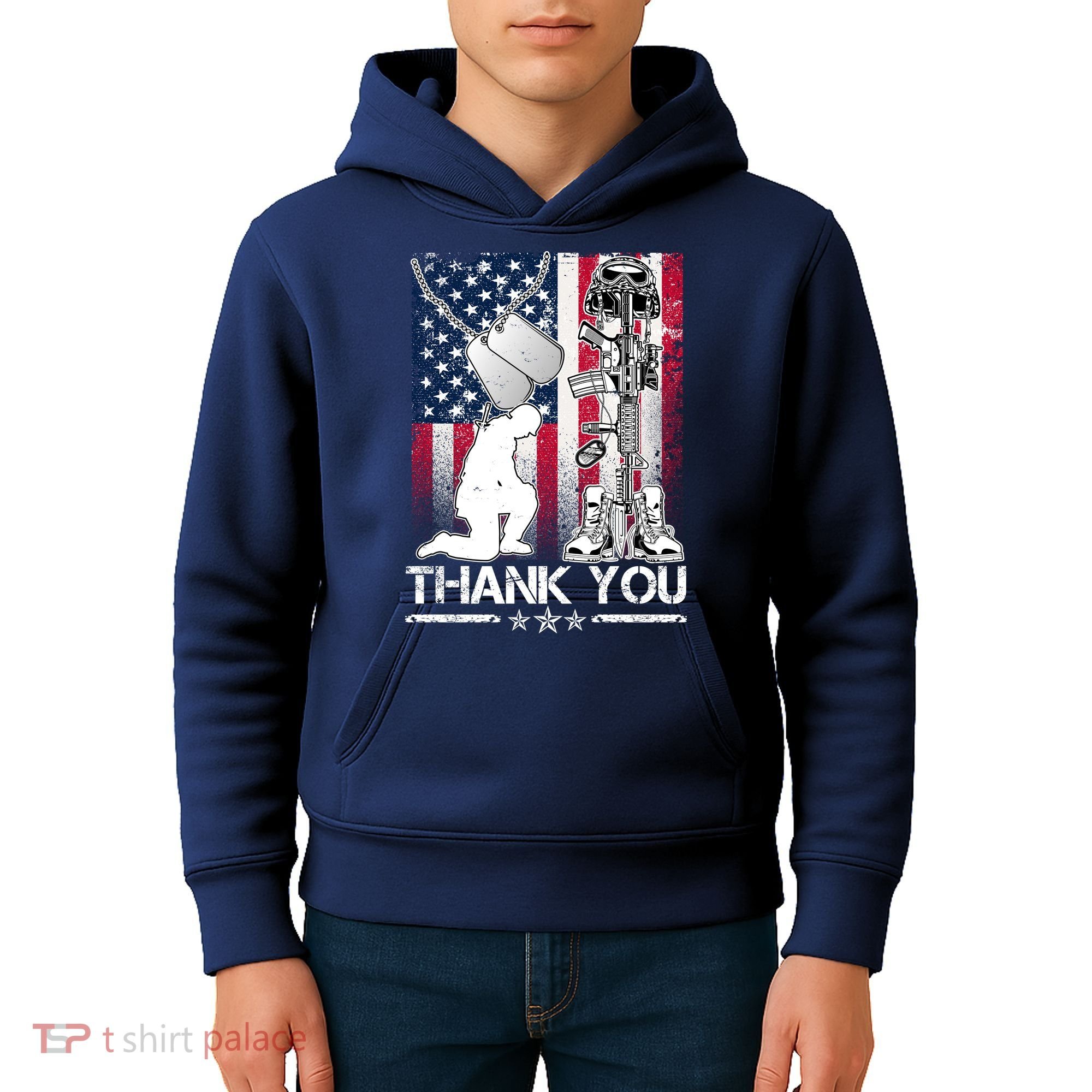 Thank You Memorial Day Distressed Flag Kneeling Soldier Kids Hoodie