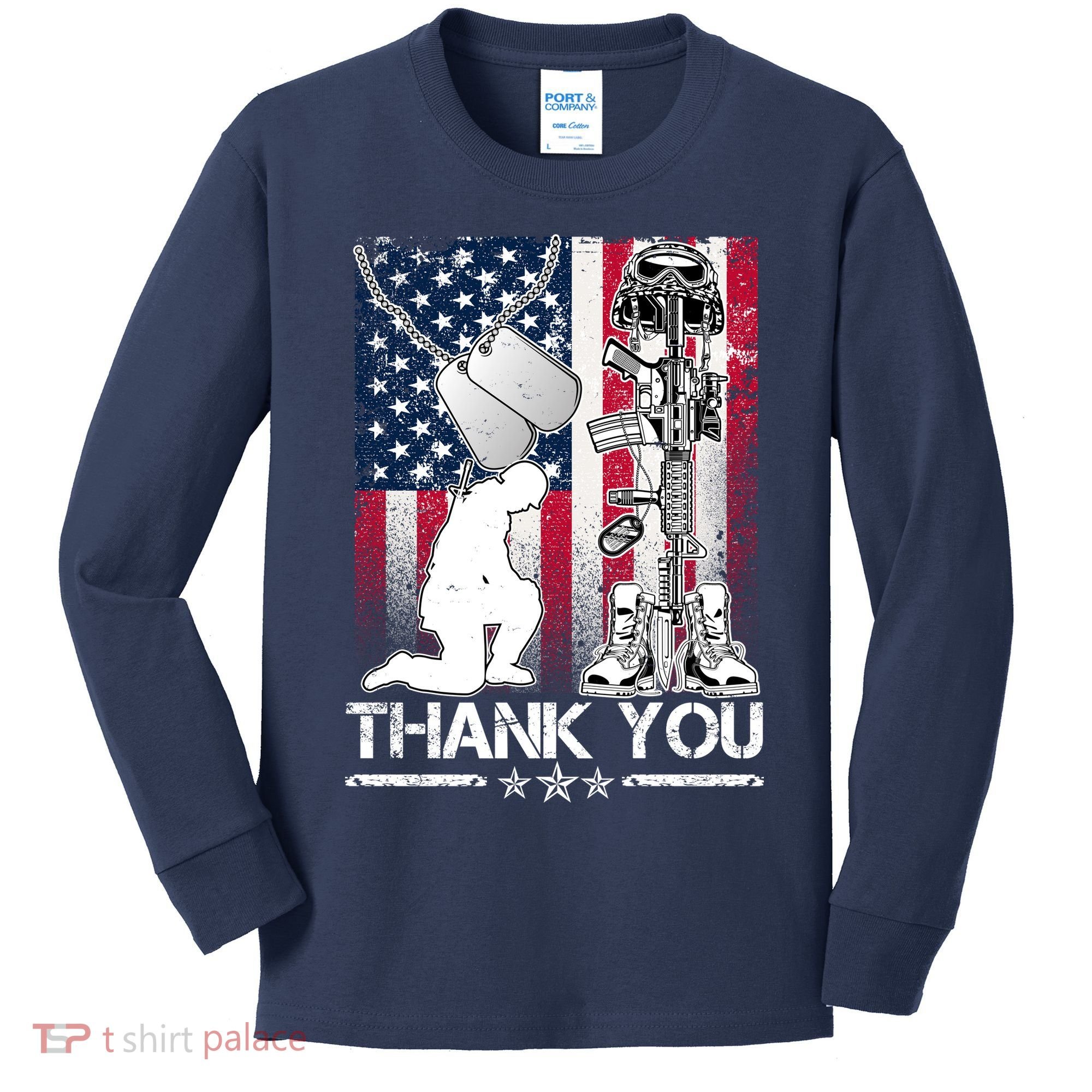 Thank You Memorial Day Distressed Flag Kneeling Soldier Kids Long Sleeve Shirt