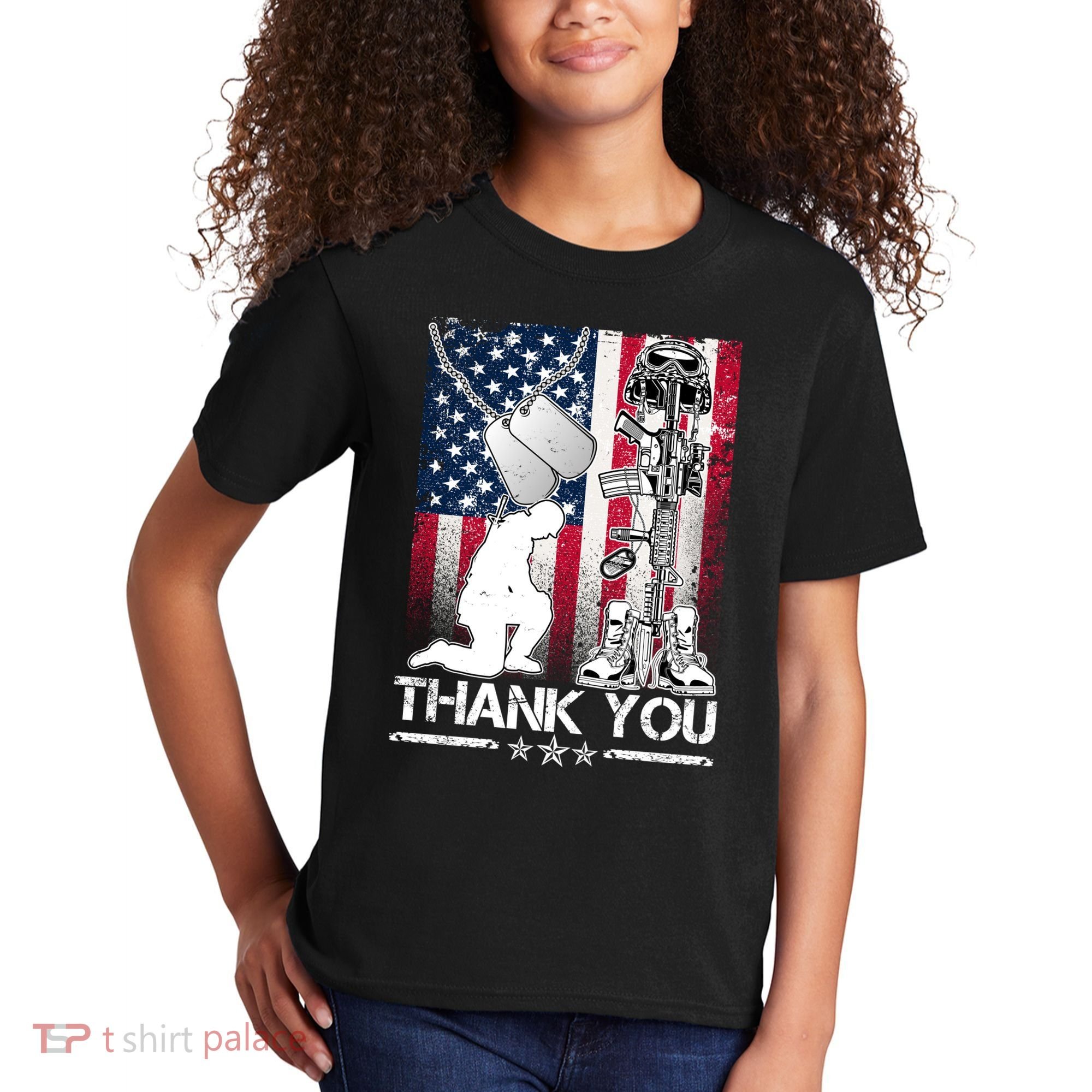 Thank You Memorial Day Distressed Flag Kneeling Soldier Kids T-Shirt