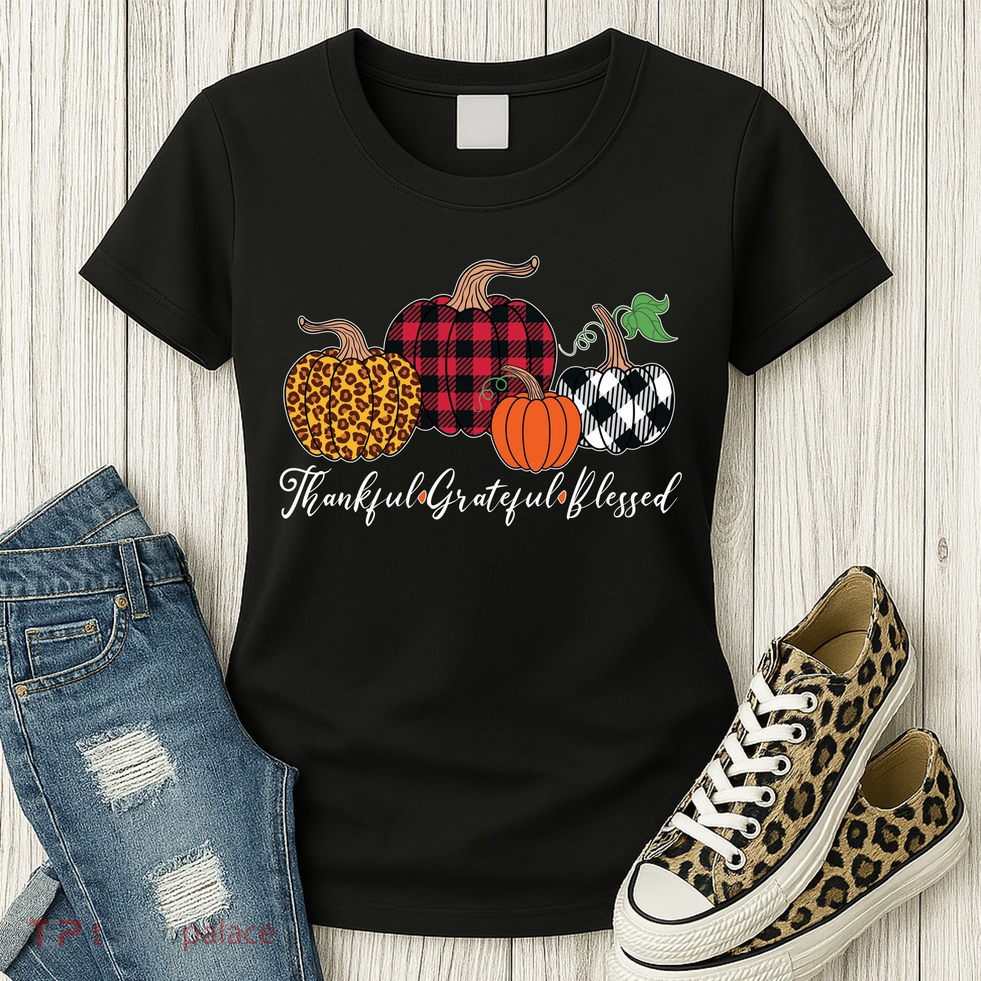 Thankful Grateful Blessed Fashion Buffalo Plaid Leopard Women's T-Shirt