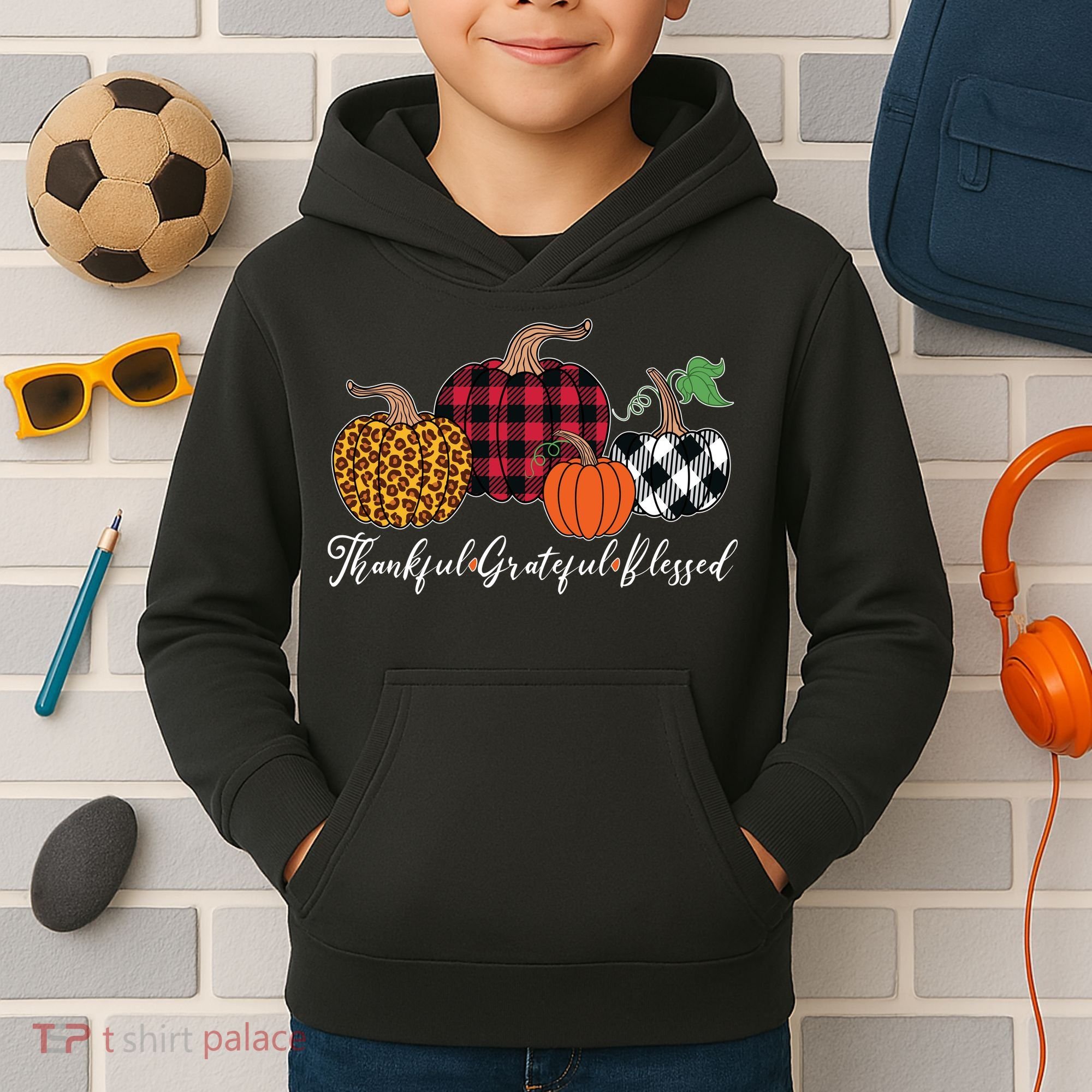 Thankful Grateful Blessed Fashion Buffalo Plaid Leopard Kids Hoodie