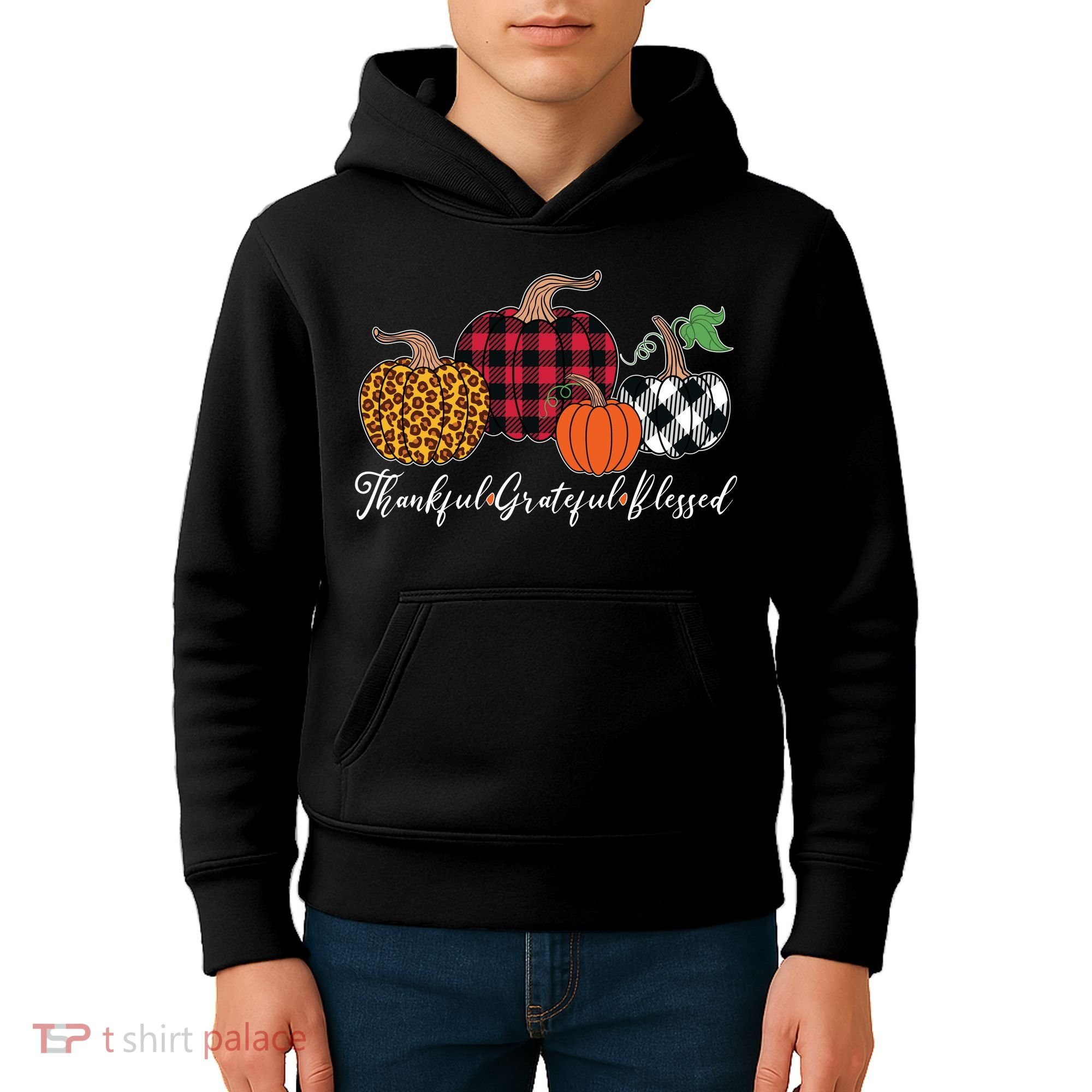 Thankful Grateful Blessed Fashion Buffalo Plaid Leopard Kids Hoodie