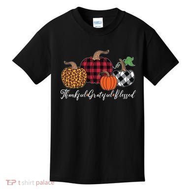 Thankful Grateful Blessed Fashion Buffalo Plaid Leopard Kids T-Shirt