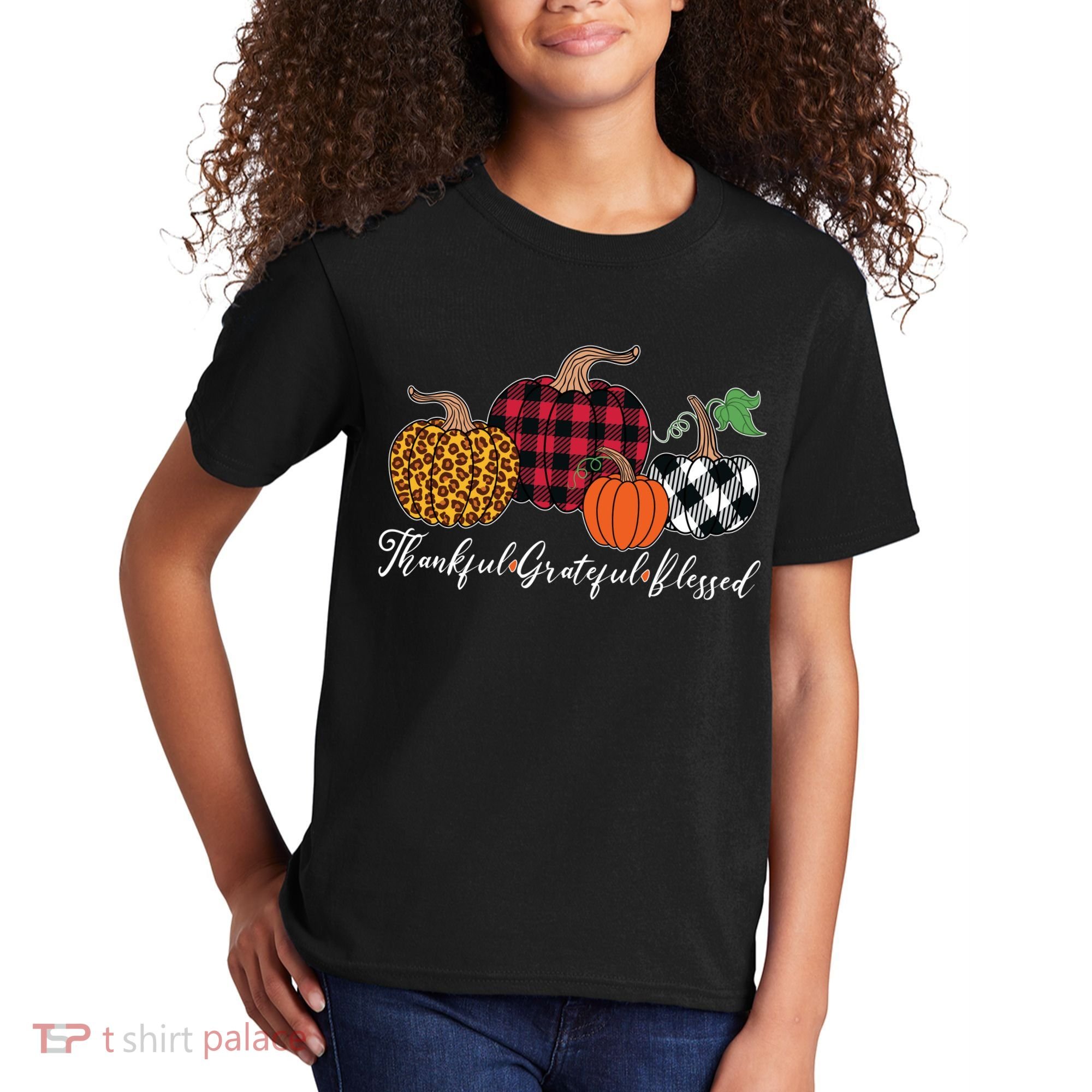 Thankful Grateful Blessed Fashion Buffalo Plaid Leopard Kids T-Shirt