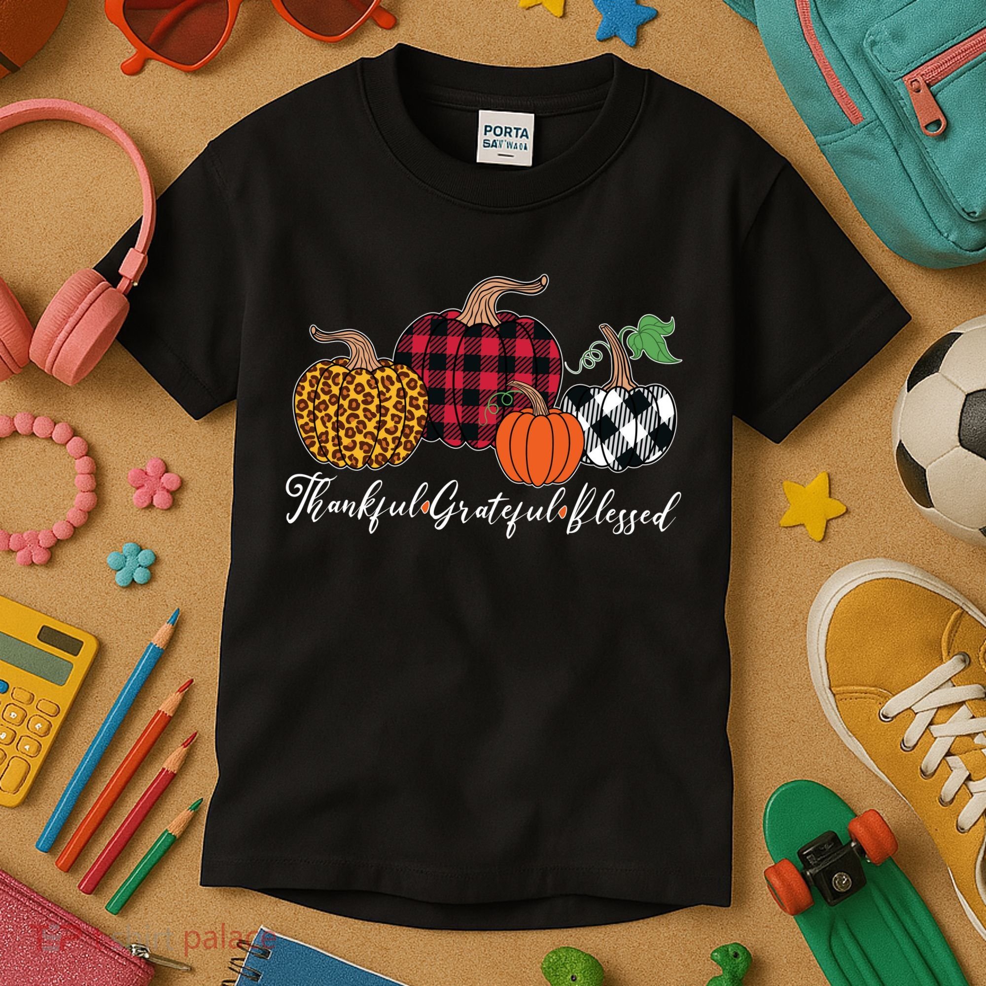 Thankful Grateful Blessed Fashion Buffalo Plaid Leopard Kids T-Shirt