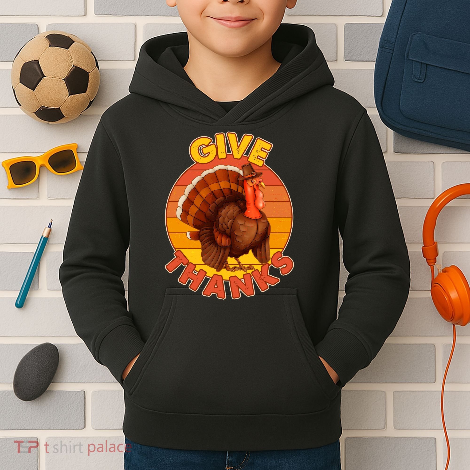 Thanksgiving Give Thanks Emblem Kids Hoodie