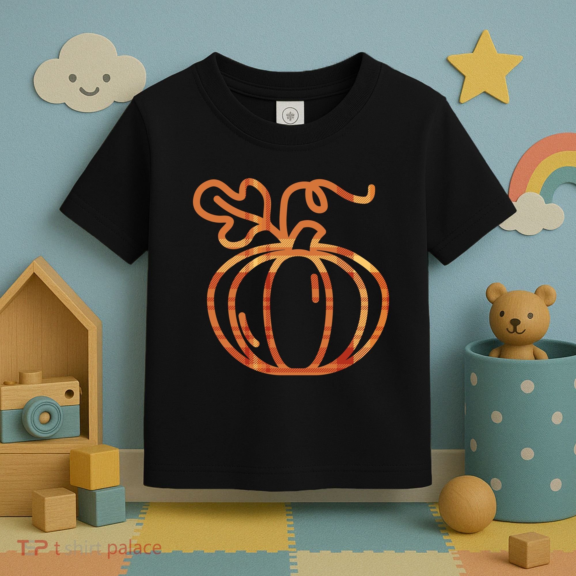 Thanksgiving Halloween Pumpkin Fall Autumn Plaid Toddler T-Shirt