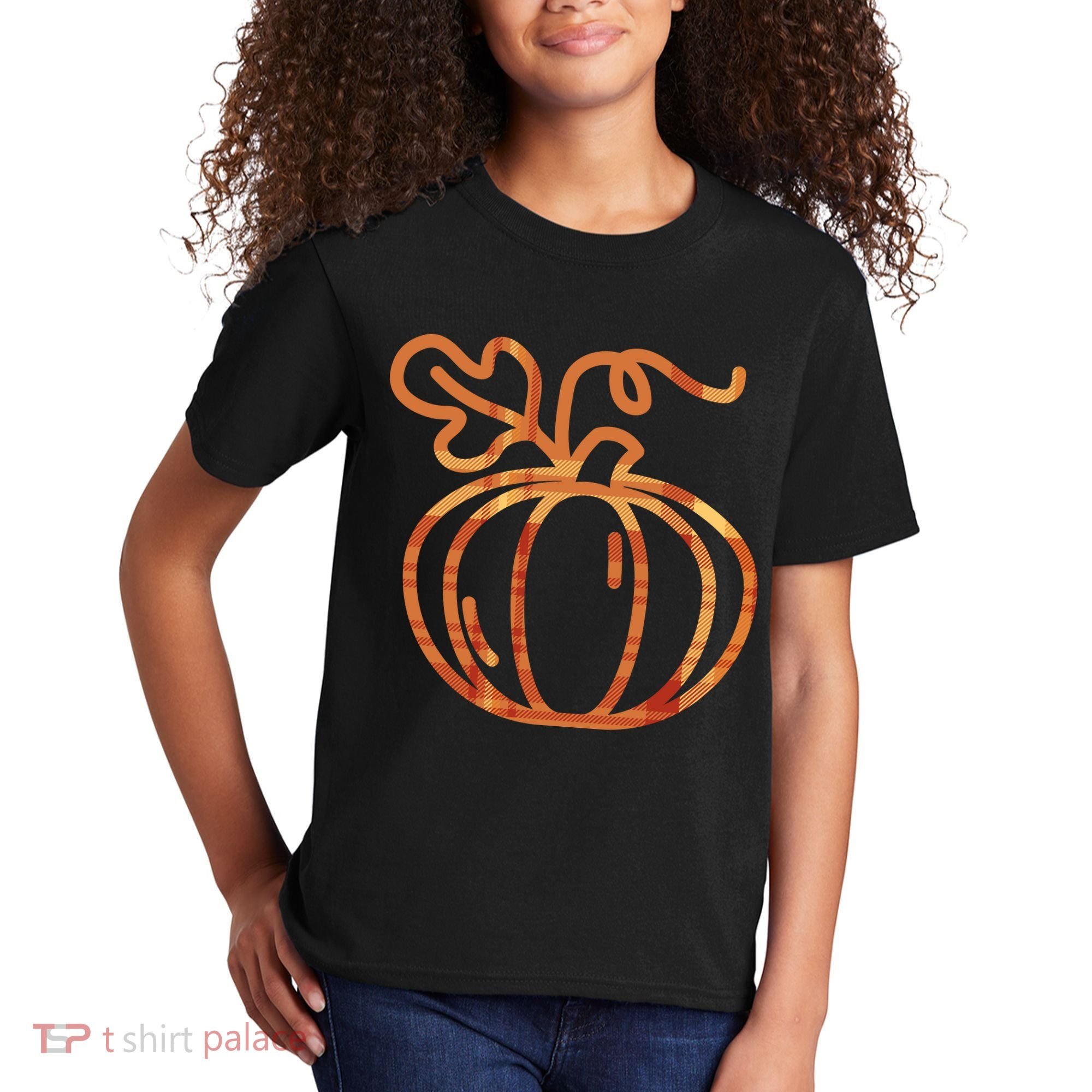 Thanksgiving Halloween Pumpkin Fall Autumn Plaid Kids T-Shirt