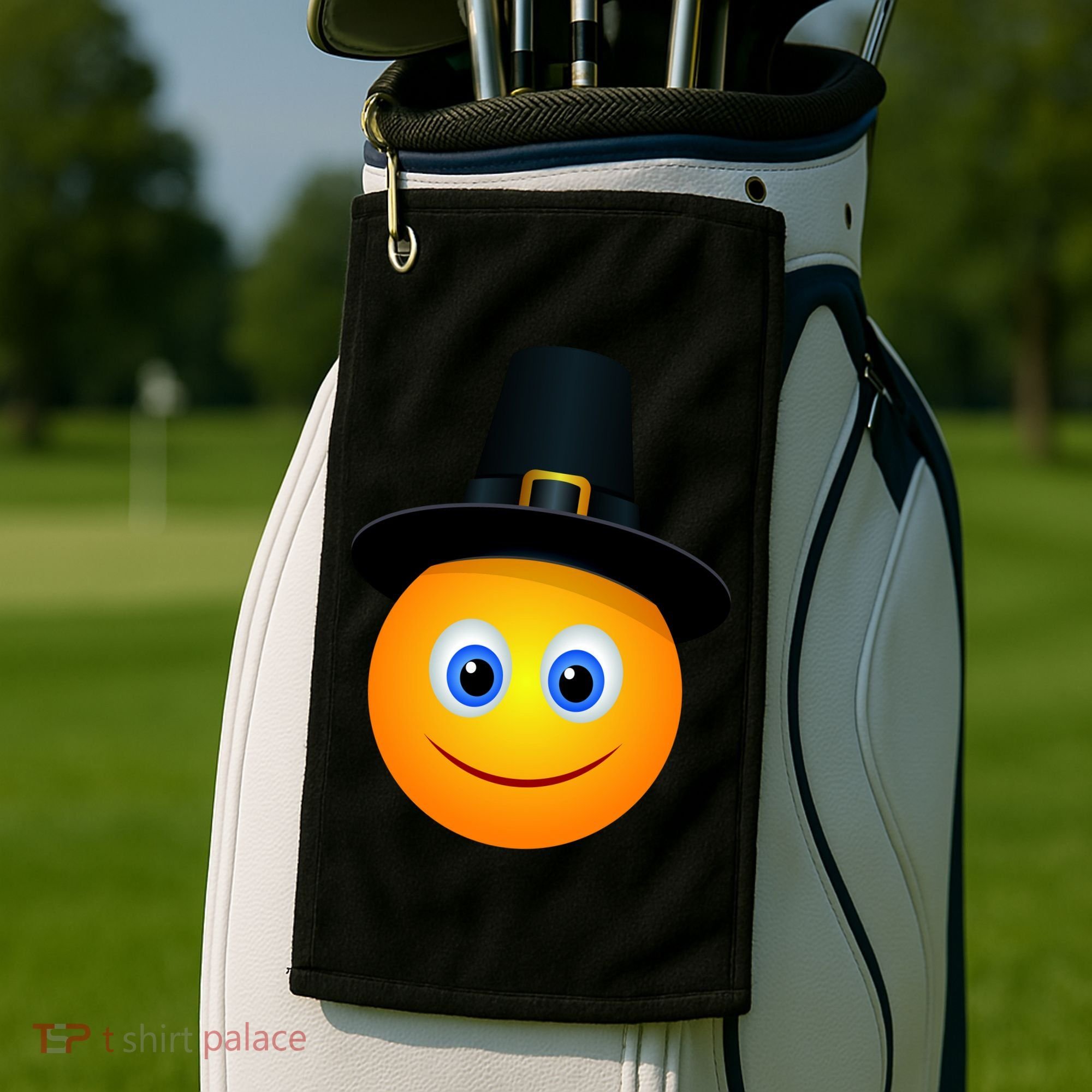Thanksgiving Pilgrim Emoji Smiley Golf Towel