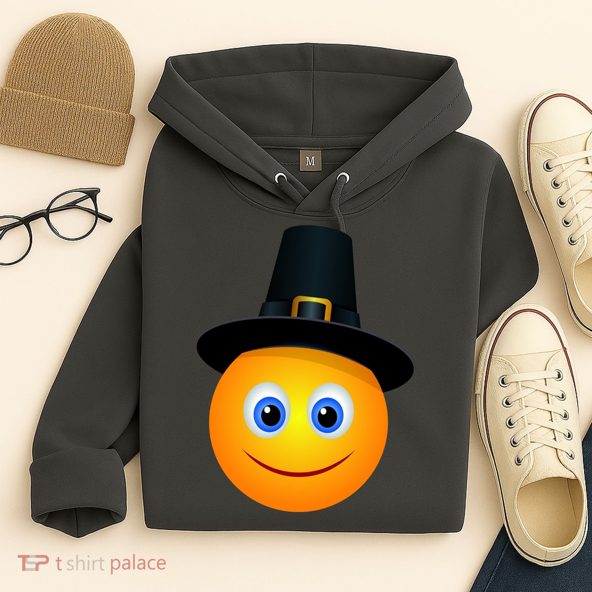 Thanksgiving Pilgrim Emoji Smiley Hoodie