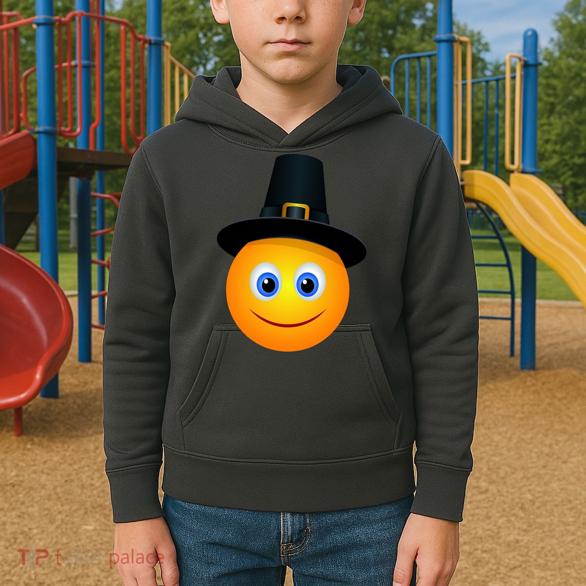 Thanksgiving Pilgrim Emoji Smiley Kids Hoodie