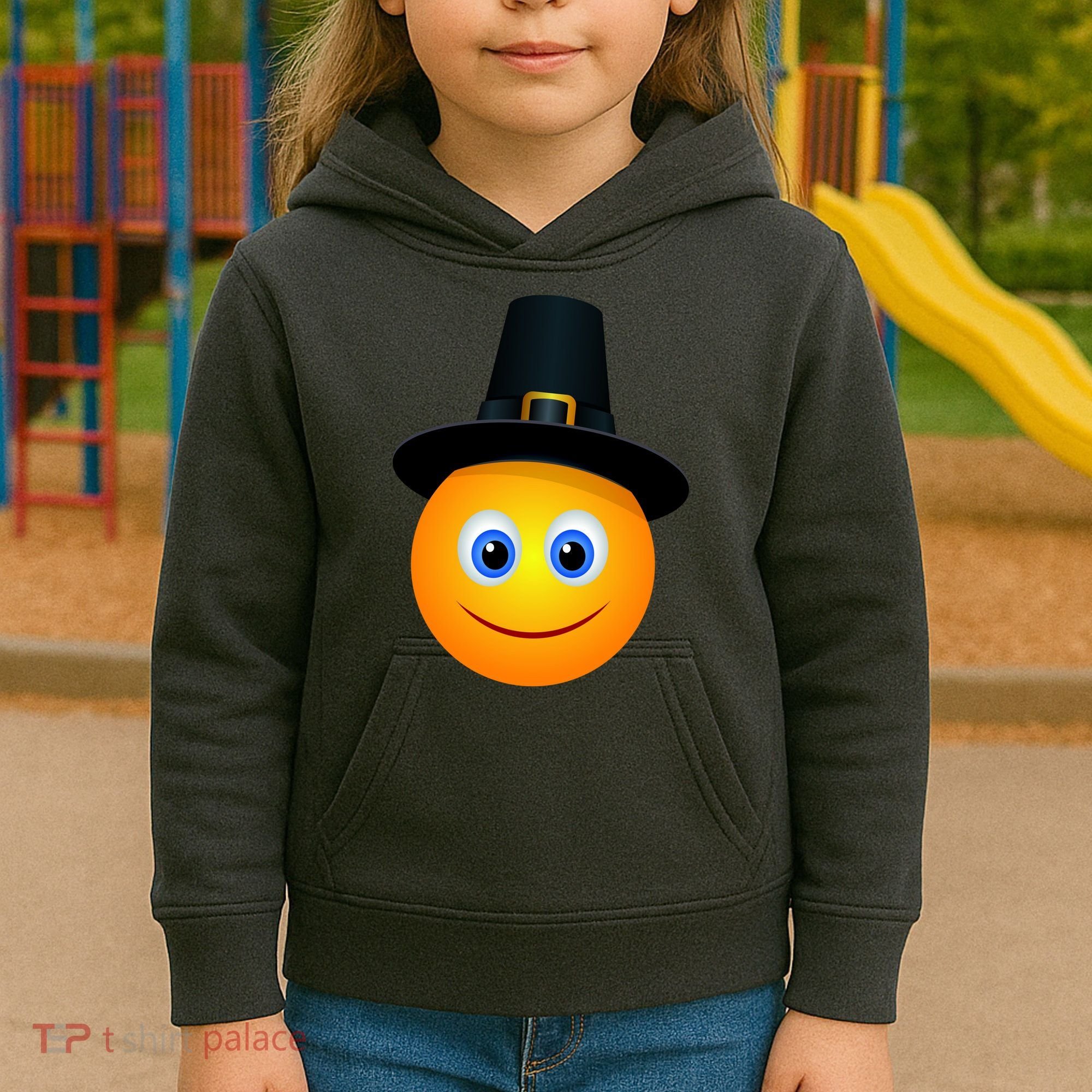 Thanksgiving Pilgrim Emoji Smiley Kids Hoodie