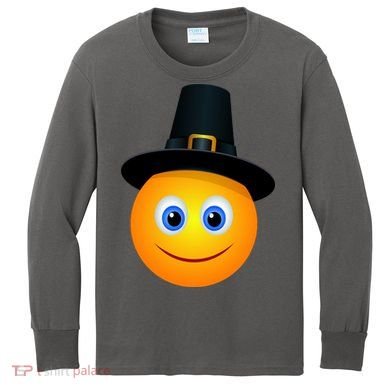 Thanksgiving Pilgrim Emoji Smiley Kids Long Sleeve Shirt