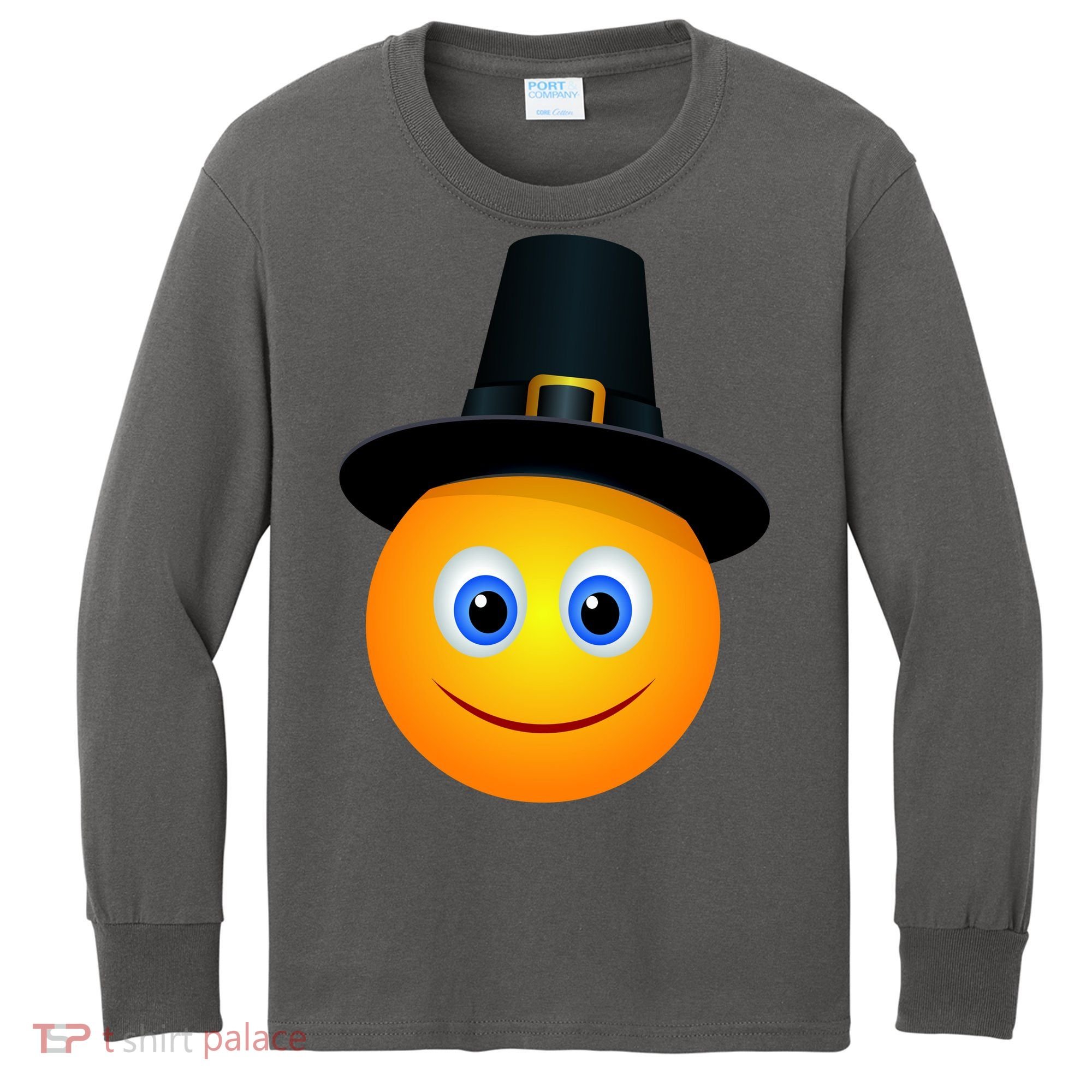 Thanksgiving Pilgrim Emoji Smiley Kids Long Sleeve Shirt