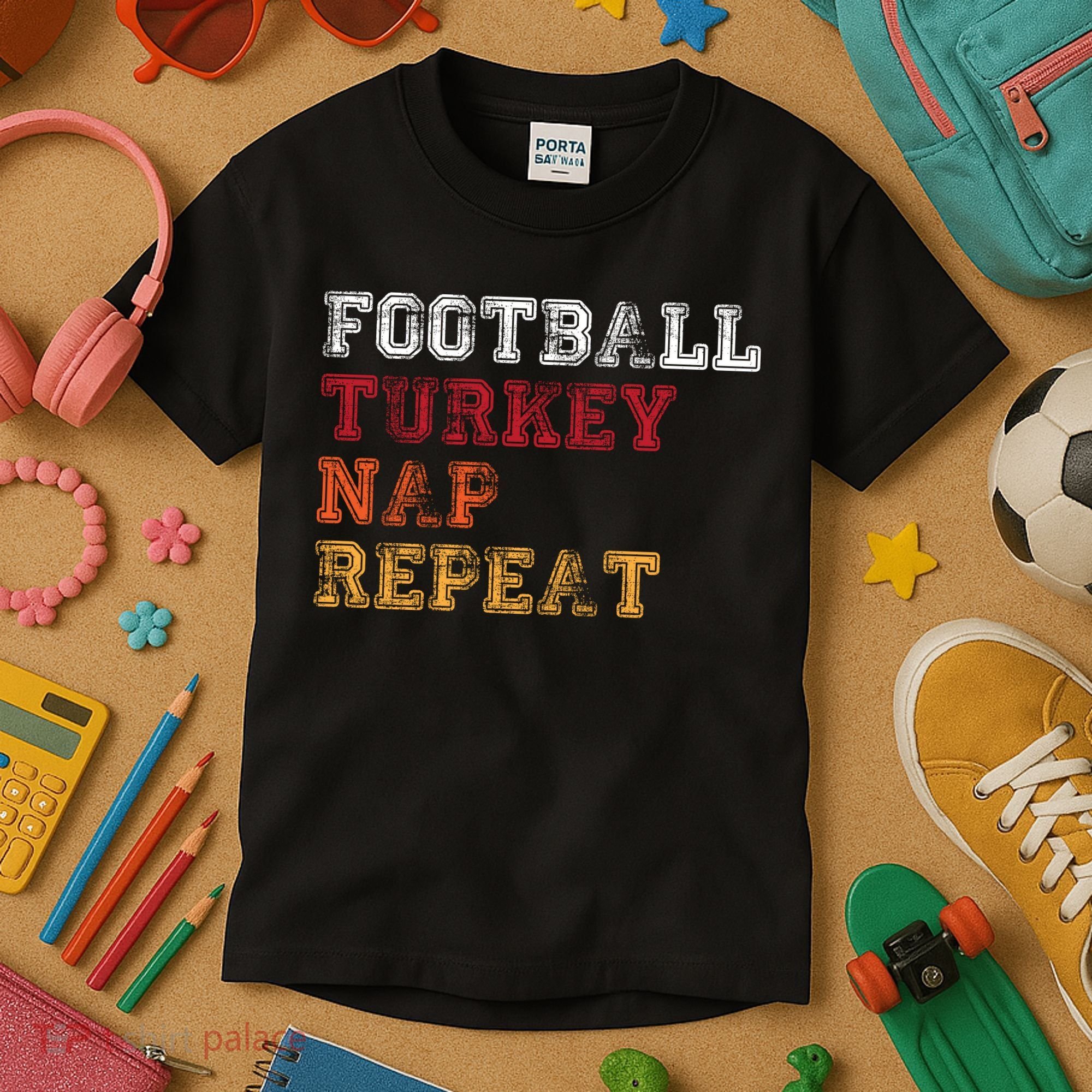 Thanksgiving Schedule Football Turkey Nap Repeat Kids T-Shirt
