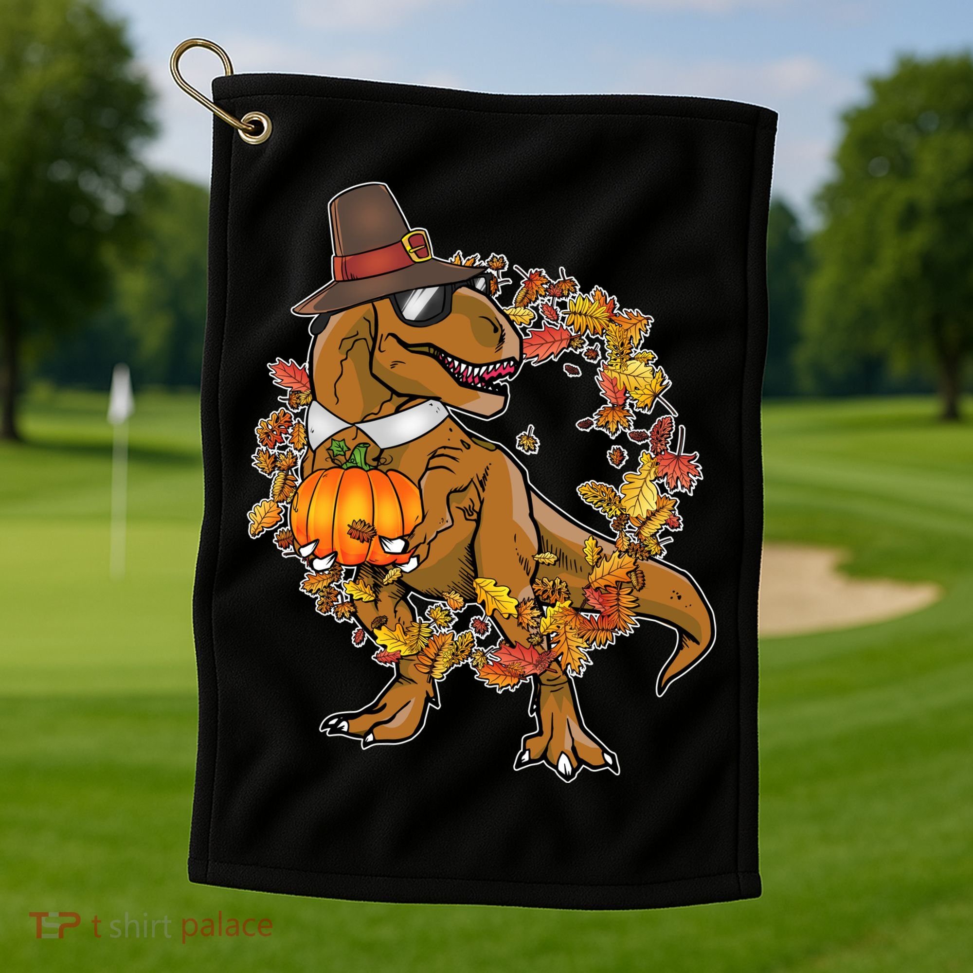 Thanksgiving T-Rex Pilgrim Golf Towel