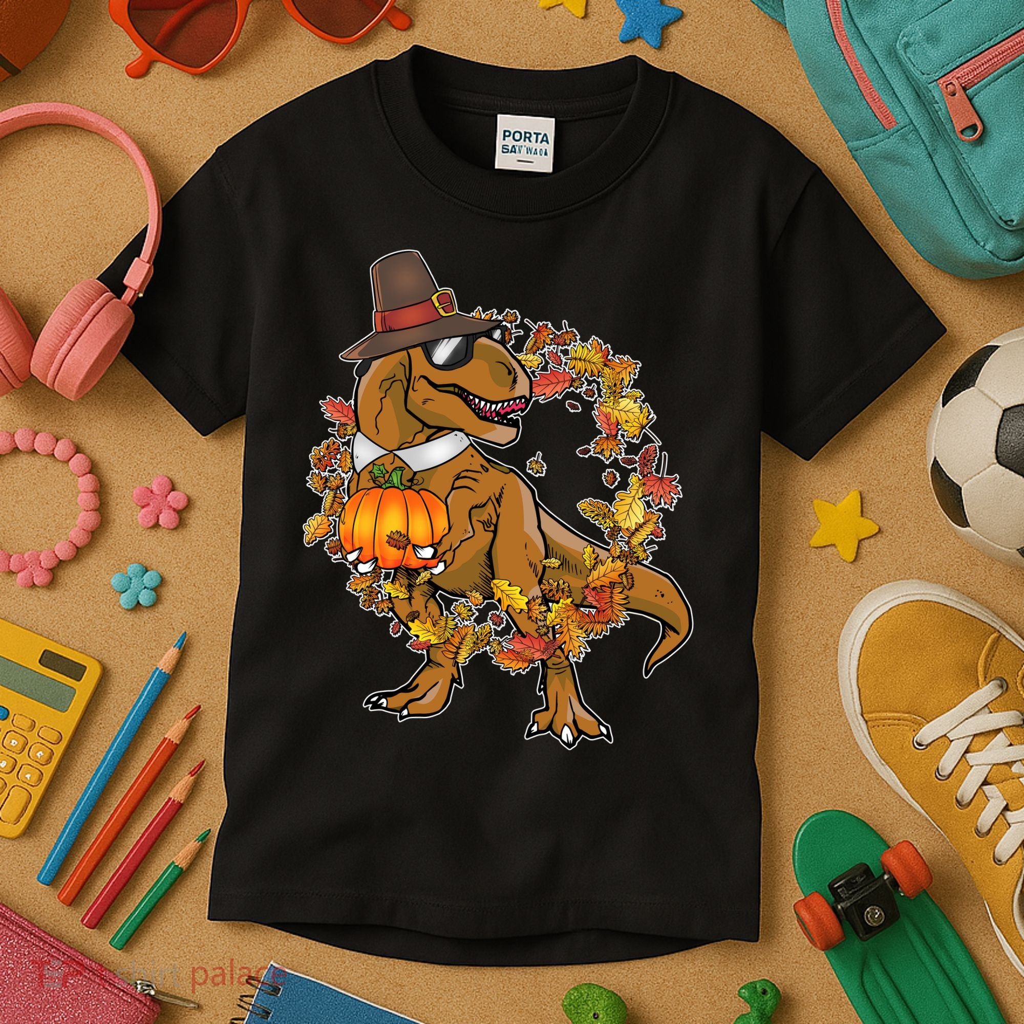 Thanksgiving T-Rex Pilgrim Kids T-Shirt