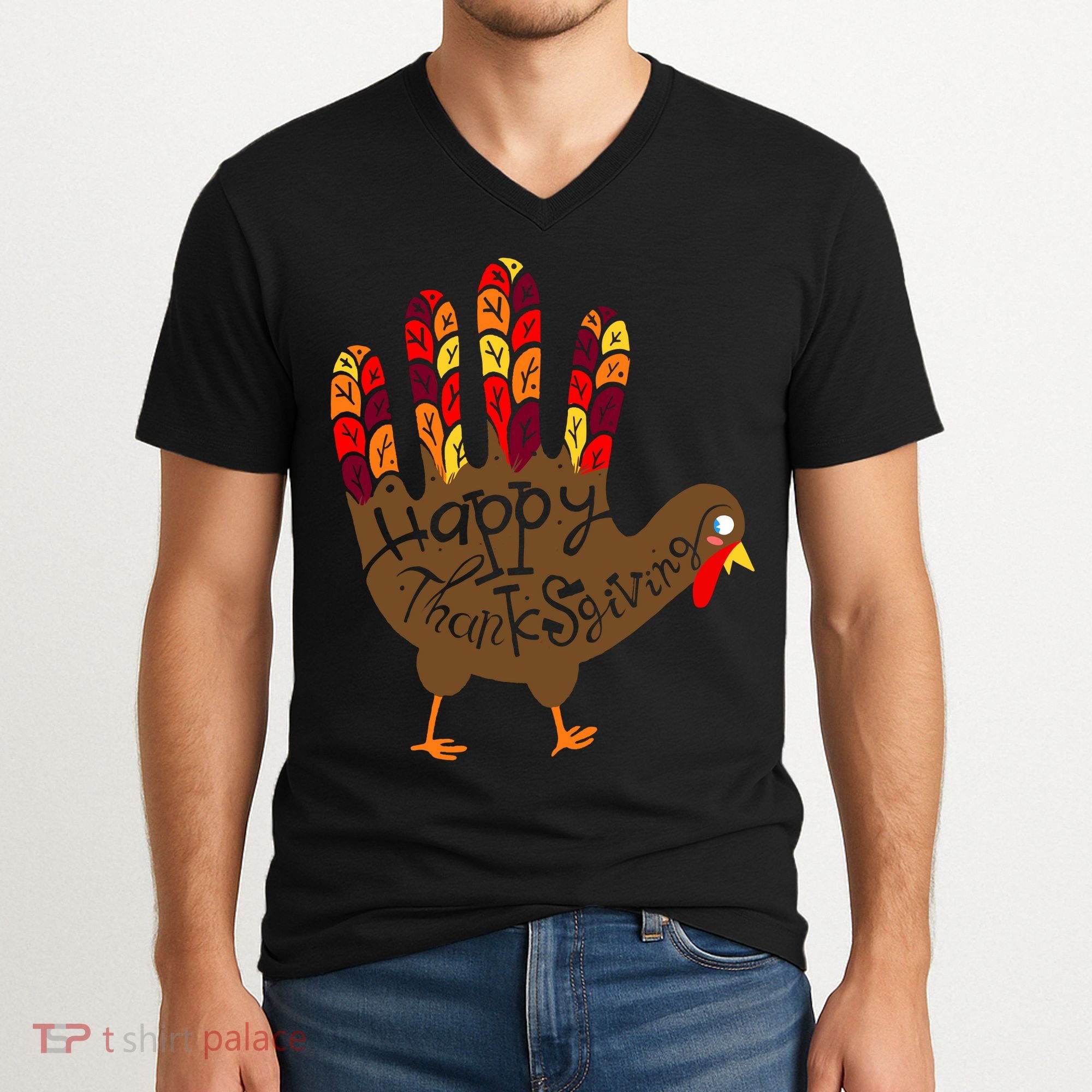 Thanksgiving Turkey Hand V-Neck T-Shirt