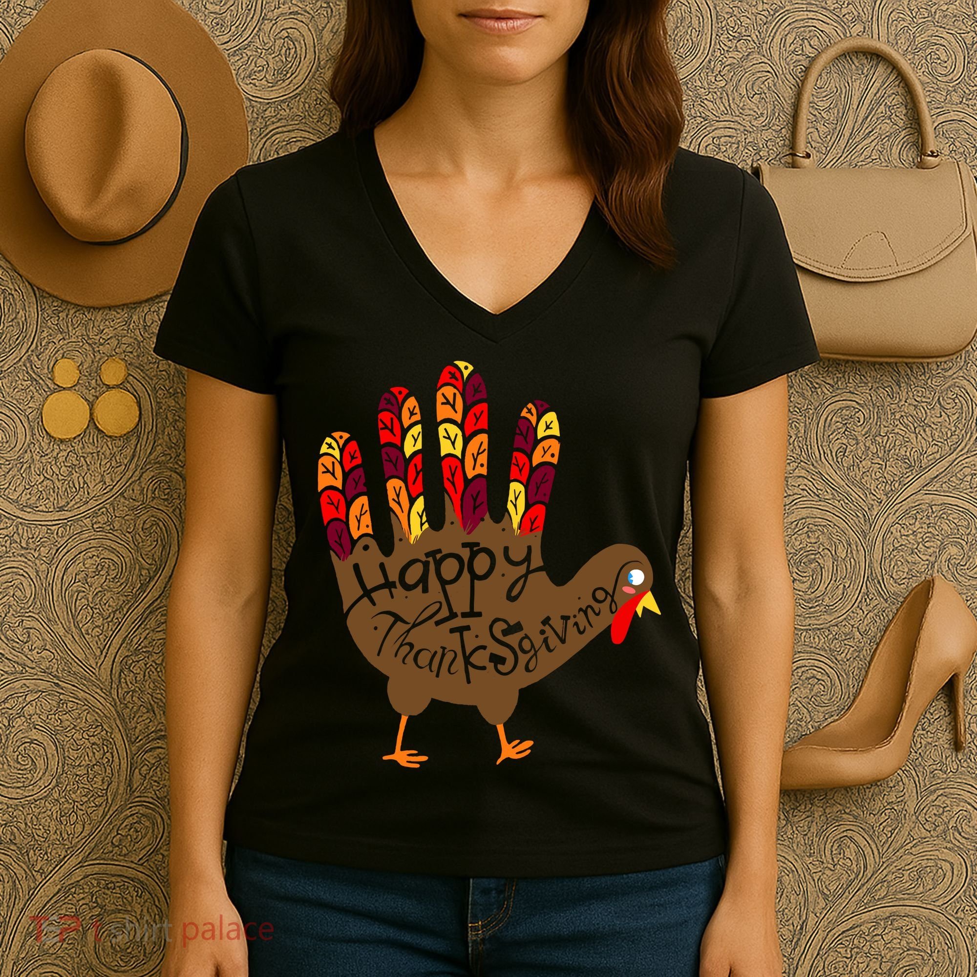 Thanksgiving Turkey Hand Women's V-Neck T-Shirt
