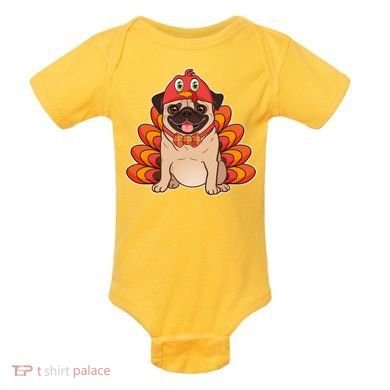 Thanksgiving Turkey Pug Baby Bodysuit